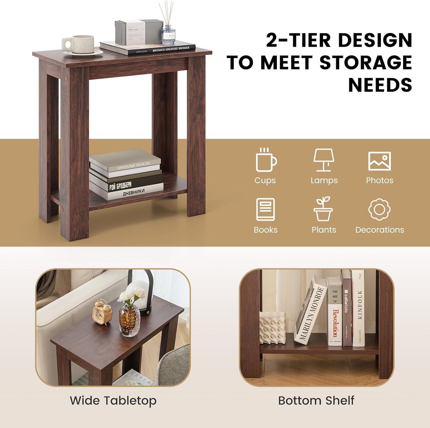 image:imageGiantex Narrow End Table 2Tier Side Table with Open Storage Shelf Retro Wood Sofa Table Bedside Tables for Small Spaces Slim Nightstand for Living Room Bedroom Easy Assembly WalnutWalnut