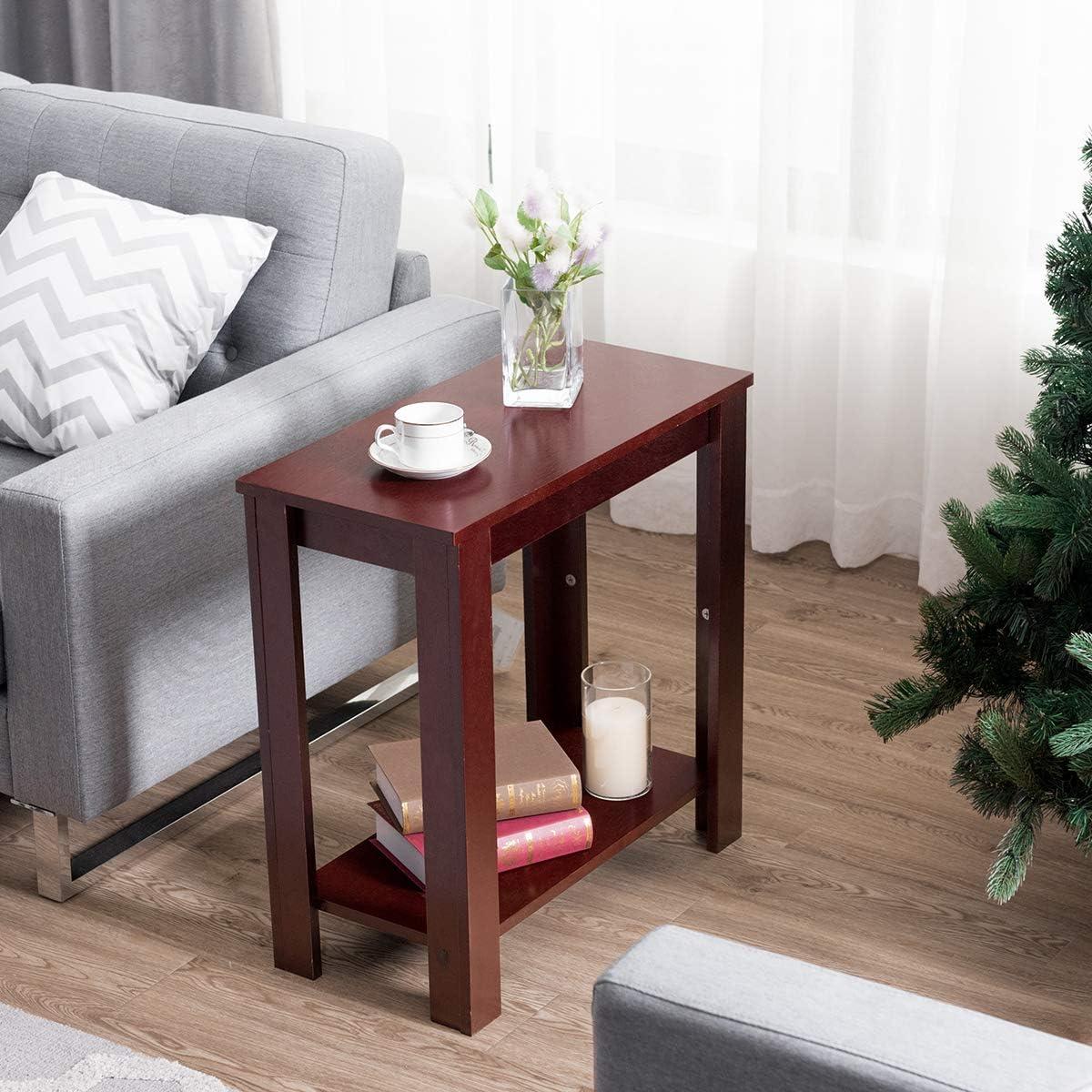 image:imageGiantex Narrow End Table 2Tier Side Table with Open Storage Shelf Retro Wood Sofa Table Bedside Tables for Small Spaces Slim Nightstand for Living Room Bedroom Easy Assembly WalnutMahogany