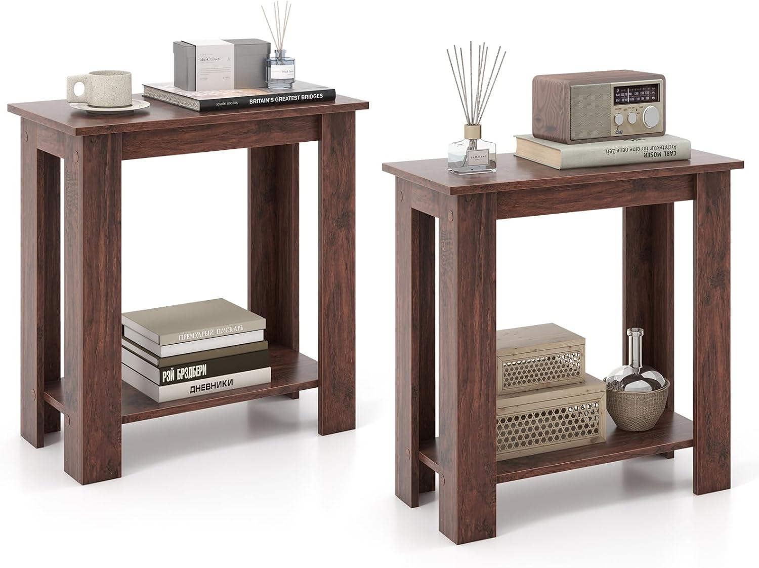 image:imageGiantex Narrow End Table 2Tier Side Table with Open Storage Shelf Retro Wood Sofa Table Bedside Tables for Small Spaces Slim Nightstand for Living Room Bedroom Easy Assembly WalnutWalnut