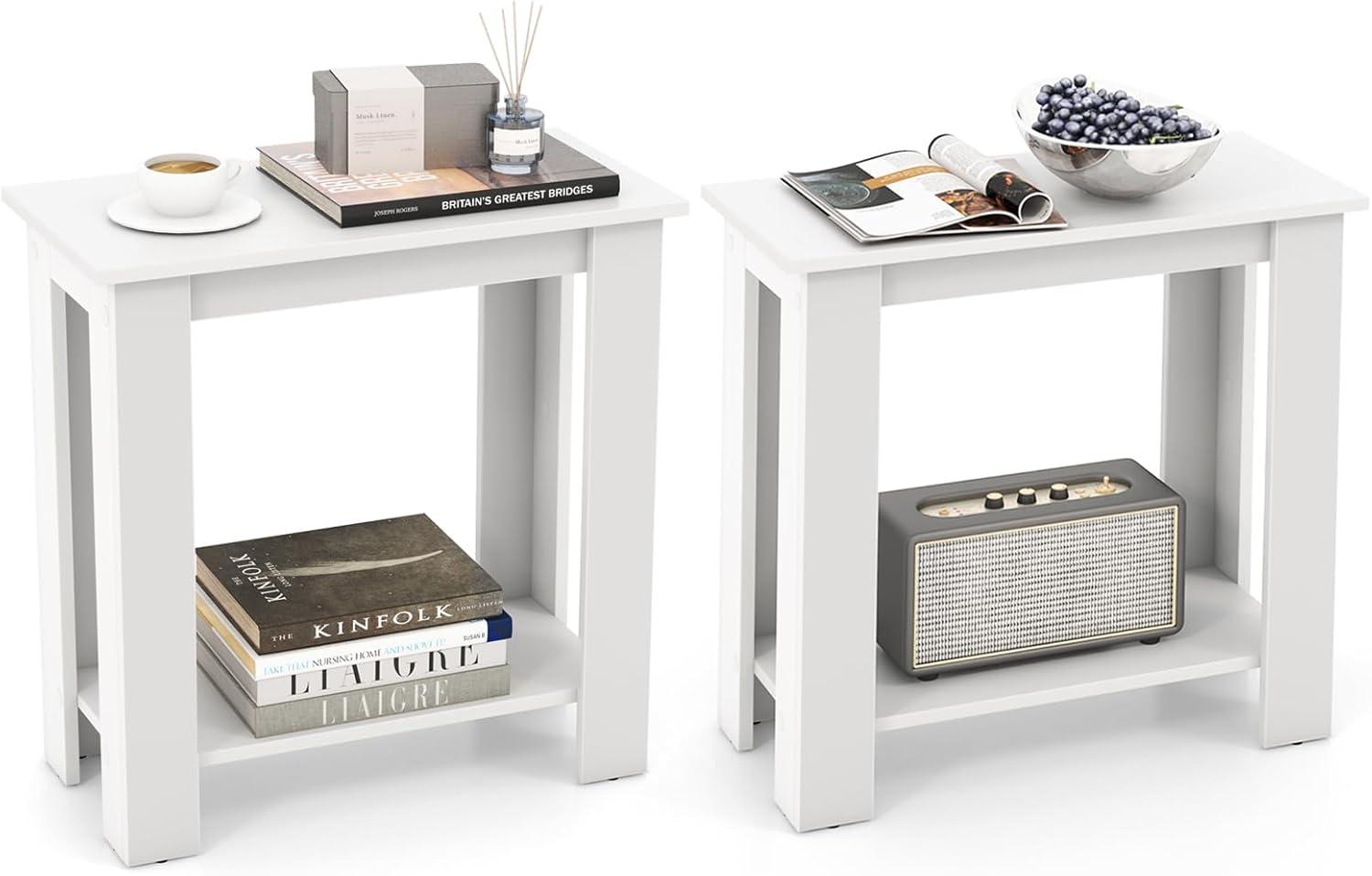 image:imageGiantex Narrow End Table 2Tier Side Table with Open Storage Shelf Retro Wood Sofa Table Bedside Tables for Small Spaces Slim Nightstand for Living Room Bedroom Easy Assembly WalnutWhite