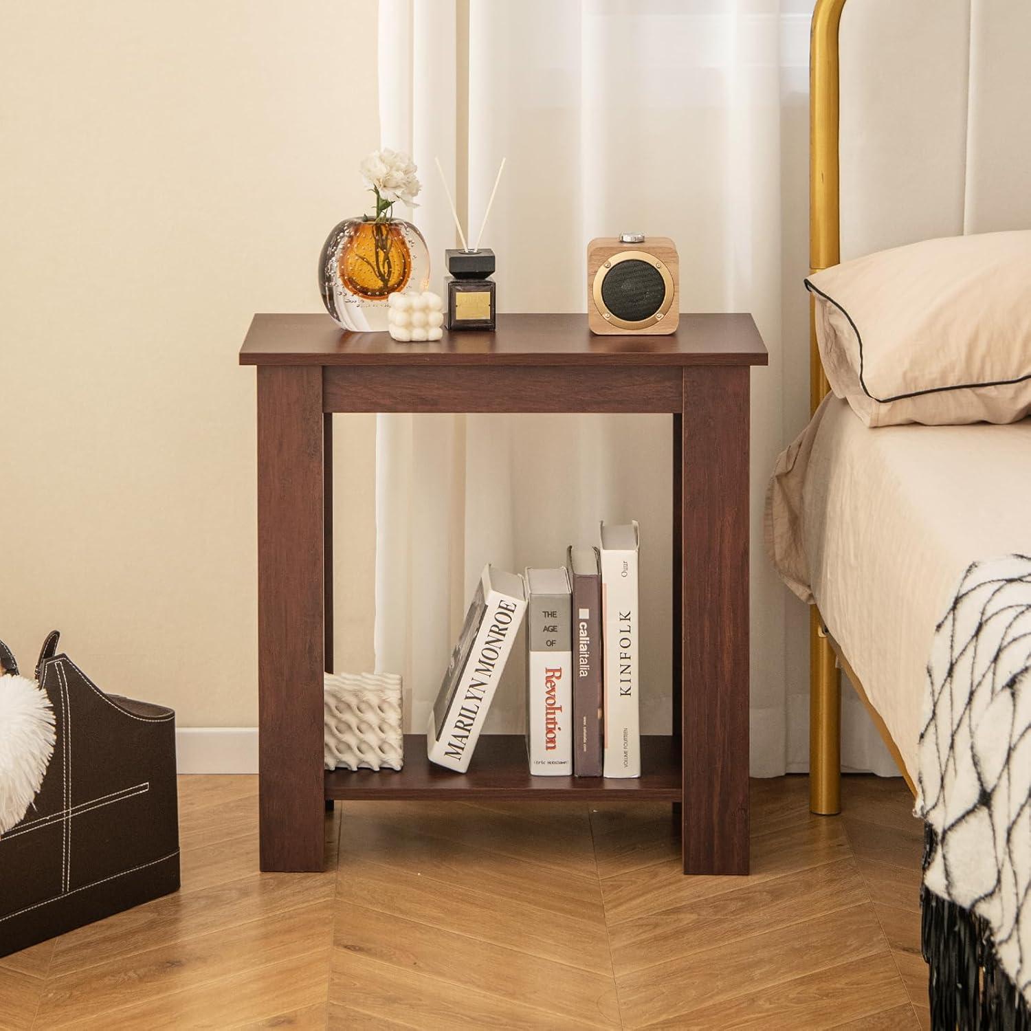image:imageGiantex Narrow End Table 2Tier Side Table with Open Storage Shelf Retro Wood Sofa Table Bedside Tables for Small Spaces Slim Nightstand for Living Room Bedroom Easy Assembly WalnutWalnut