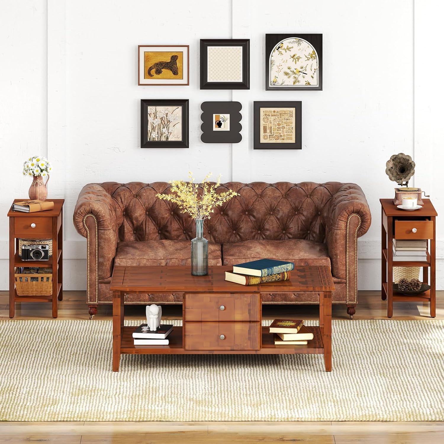 image:imageGiantex Narrow End Table Farmhouse Side Tables with Drawer amp Storage Shelves Wood Sofa Side Tables 3Tier Nightstands for Small Space Living Room Bedroom 235 L x 12 W x 245 H BrownBrown