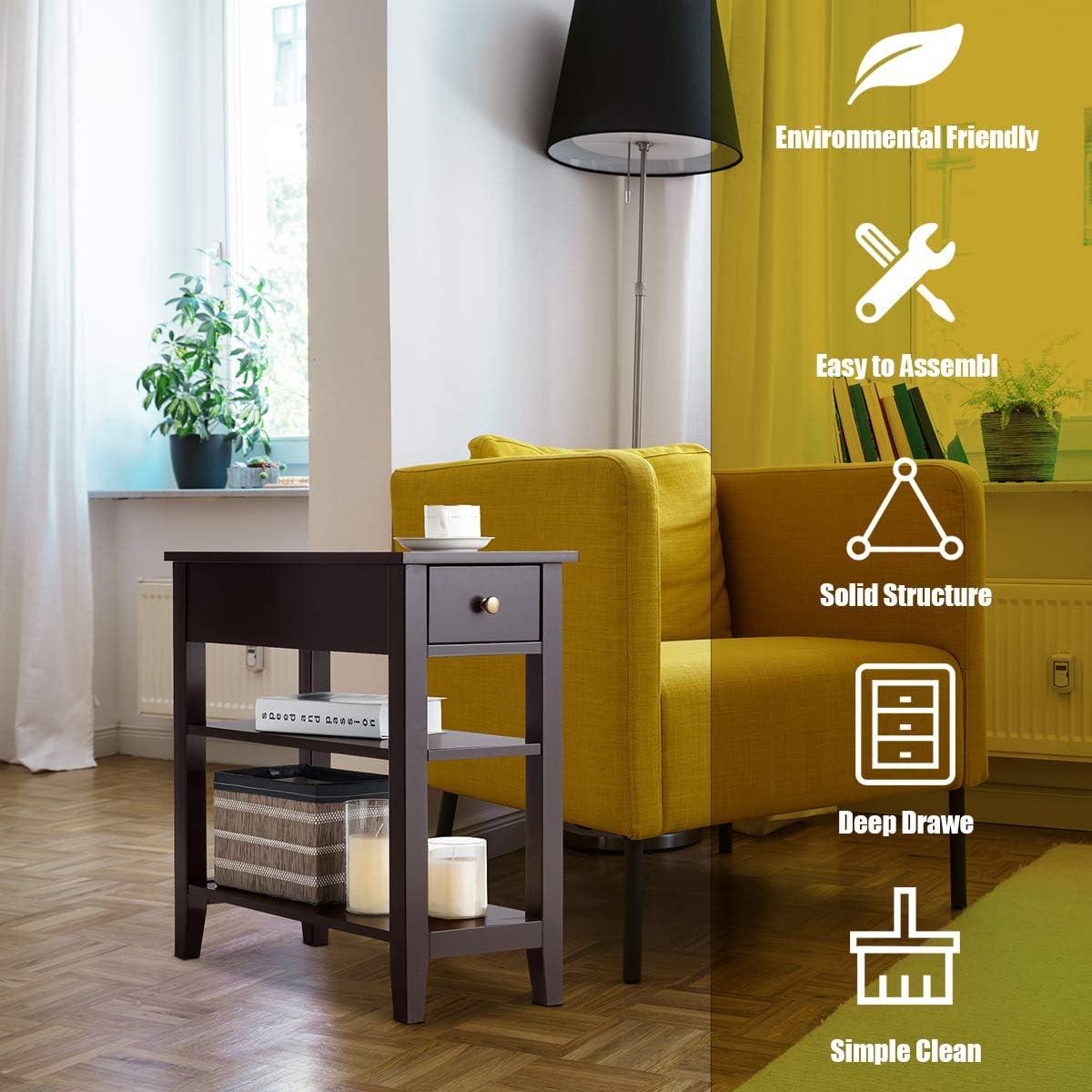 image:imageGiantex Narrow End Table Farmhouse Side Tables with Drawer amp Storage Shelves Wood Sofa Side Tables 3Tier Nightstands for Small Space Living Room Bedroom 235 L x 12 W x 245 H BrownEspresso