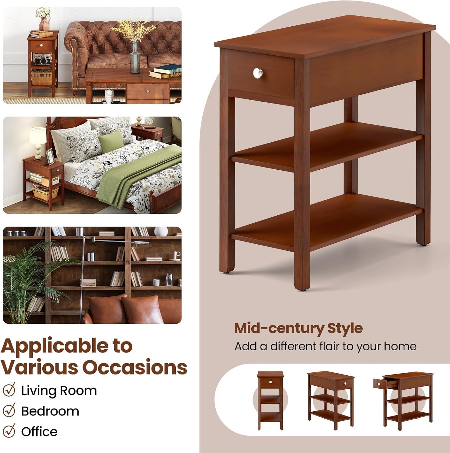 image:imageGiantex Narrow End Table Farmhouse Side Tables with Drawer amp Storage Shelves Wood Sofa Side Tables 3Tier Nightstands for Small Space Living Room Bedroom 235 L x 12 W x 245 H BrownBrown