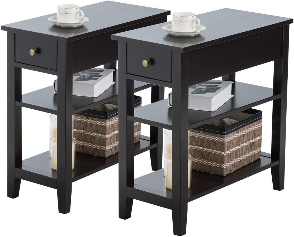 image:imageGiantex Narrow End Table Farmhouse Side Tables with Drawer amp Storage Shelves Wood Sofa Side Tables 3Tier Nightstands for Small Space Living Room Bedroom 235 L x 12 W x 245 H BrownBlack