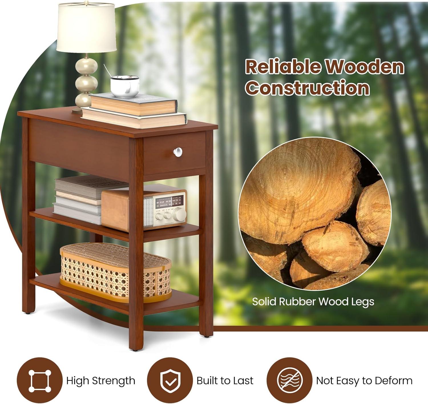 image:imageGiantex Narrow End Table Farmhouse Side Tables with Drawer amp Storage Shelves Wood Sofa Side Tables 3Tier Nightstands for Small Space Living Room Bedroom 235 L x 12 W x 245 H BrownBrown
