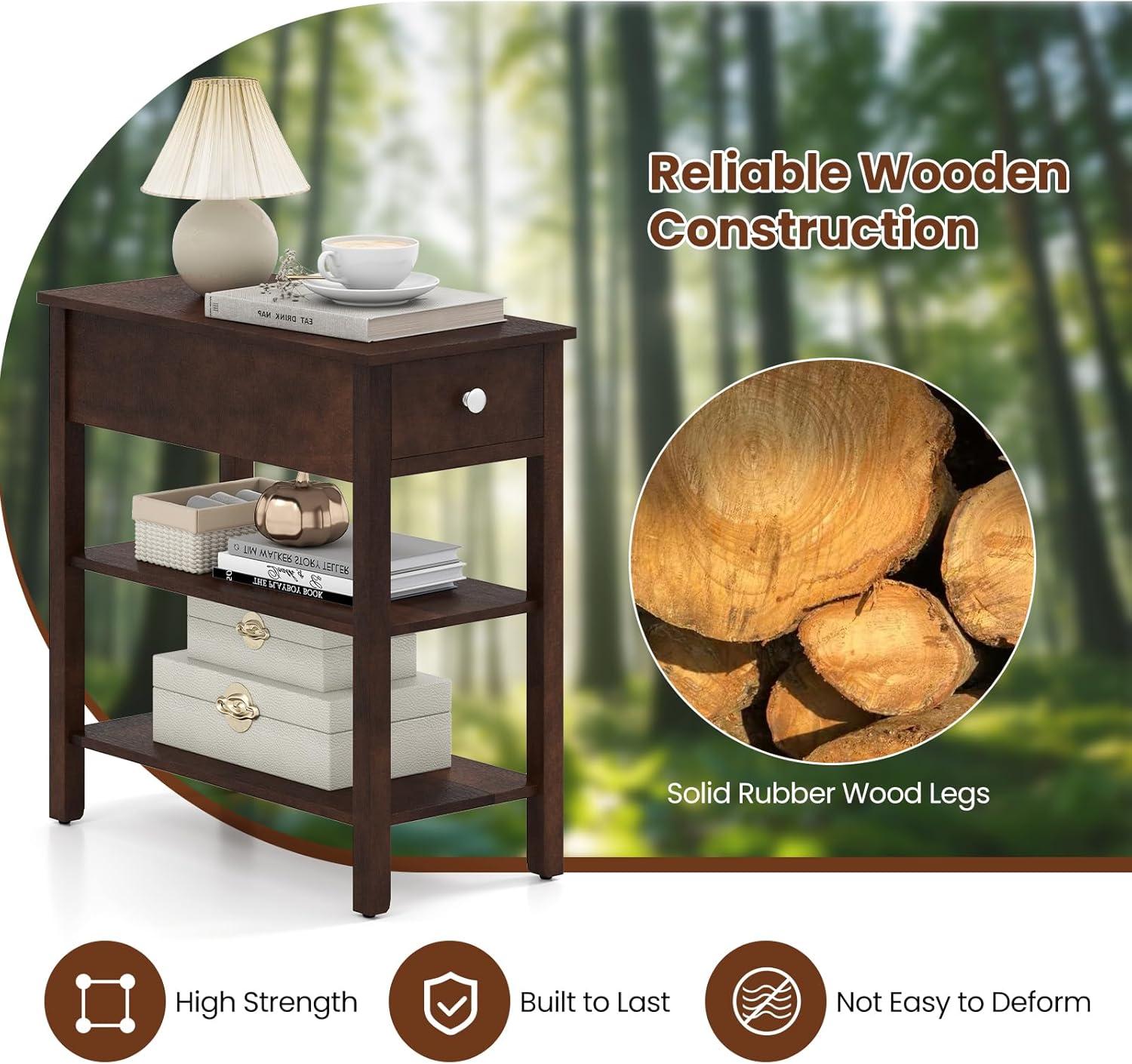 image:imageGiantex Narrow End Table Farmhouse Side Tables with Drawer amp Storage Shelves Wood Sofa Side Tables 3Tier Nightstands for Small Space Living Room Bedroom 235 L x 12 W x 245 H BrownWalnut