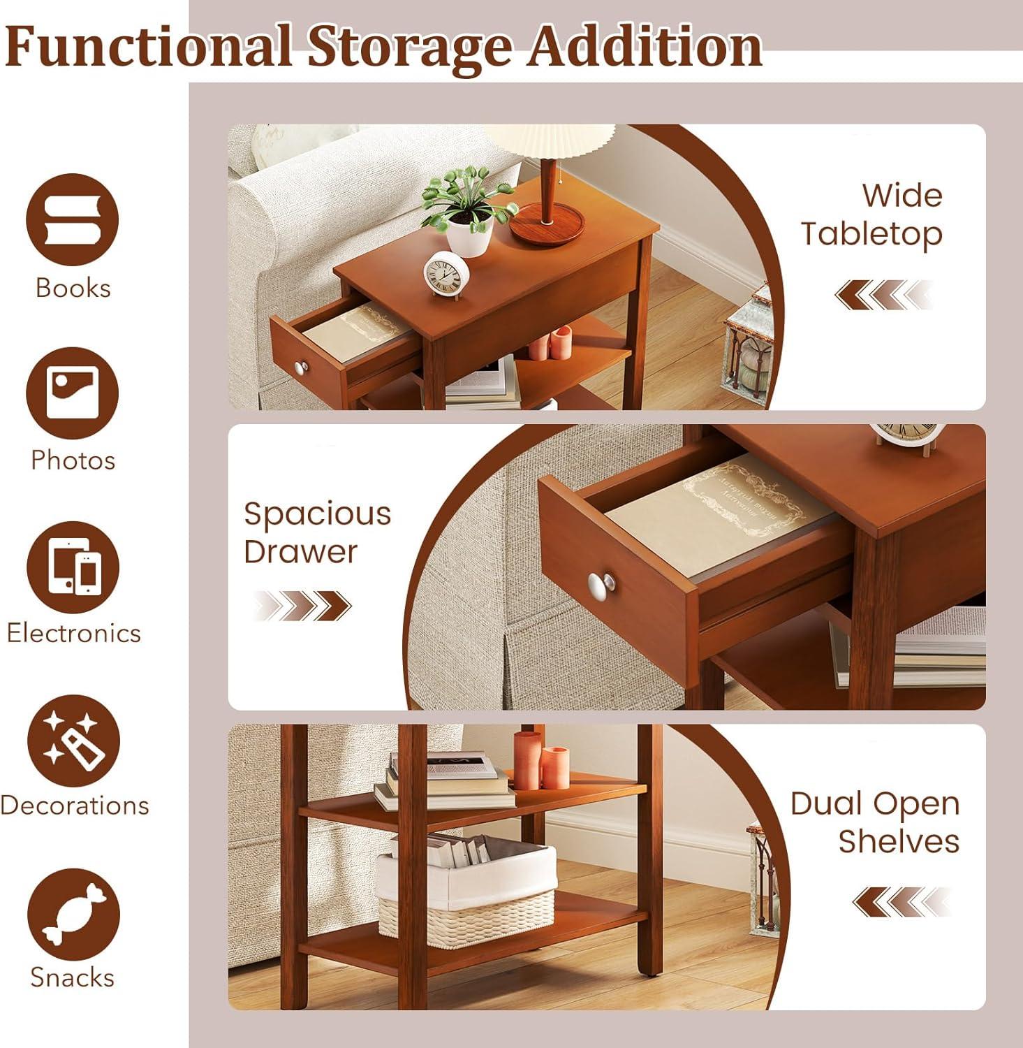 image:imageGiantex Narrow End Table Farmhouse Side Tables with Drawer amp Storage Shelves Wood Sofa Side Tables 3Tier Nightstands for Small Space Living Room Bedroom 235 L x 12 W x 245 H BrownBrown