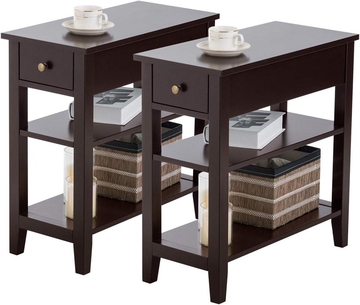 image:imageGiantex Narrow End Table Farmhouse Side Tables with Drawer amp Storage Shelves Wood Sofa Side Tables 3Tier Nightstands for Small Space Living Room Bedroom 235 L x 12 W x 245 H BrownEspresso