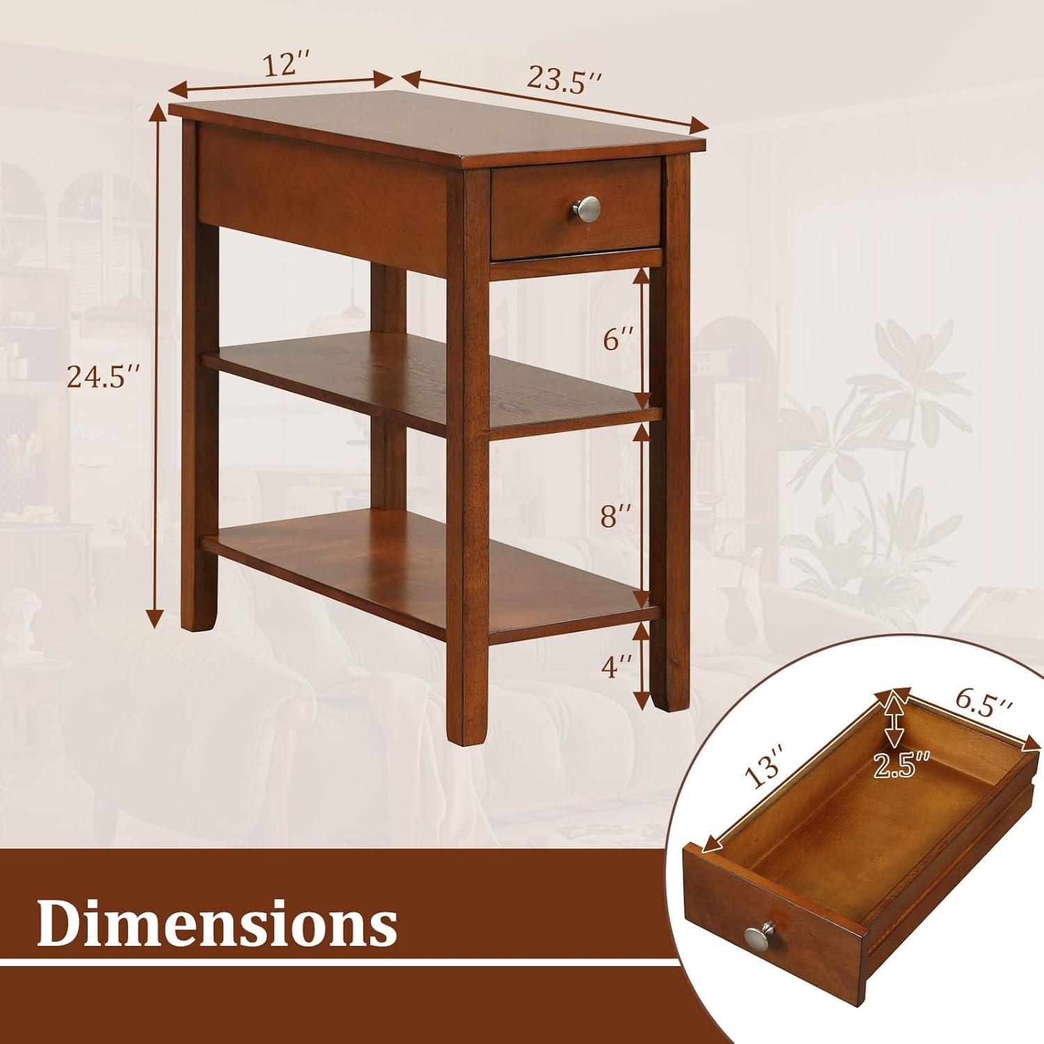 image:imageGiantex Narrow End Table Farmhouse Side Tables with Drawer amp Storage Shelves Wood Sofa Side Tables 3Tier Nightstands for Small Space Living Room Bedroom 235 L x 12 W x 245 H BrownBrown