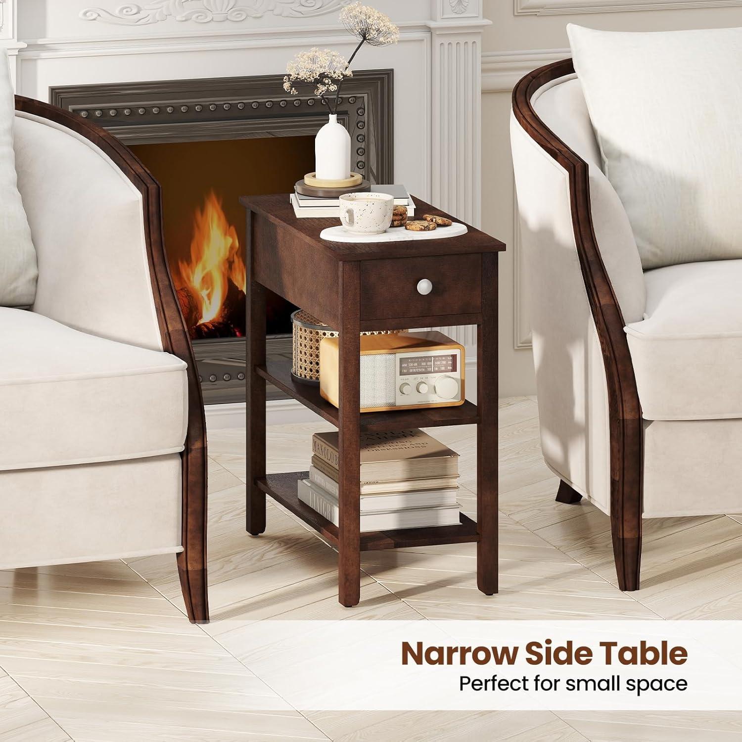 image:imageGiantex Narrow End Table Farmhouse Side Tables with Drawer amp Storage Shelves Wood Sofa Side Tables 3Tier Nightstands for Small Space Living Room Bedroom 235 L x 12 W x 245 H BrownWalnut