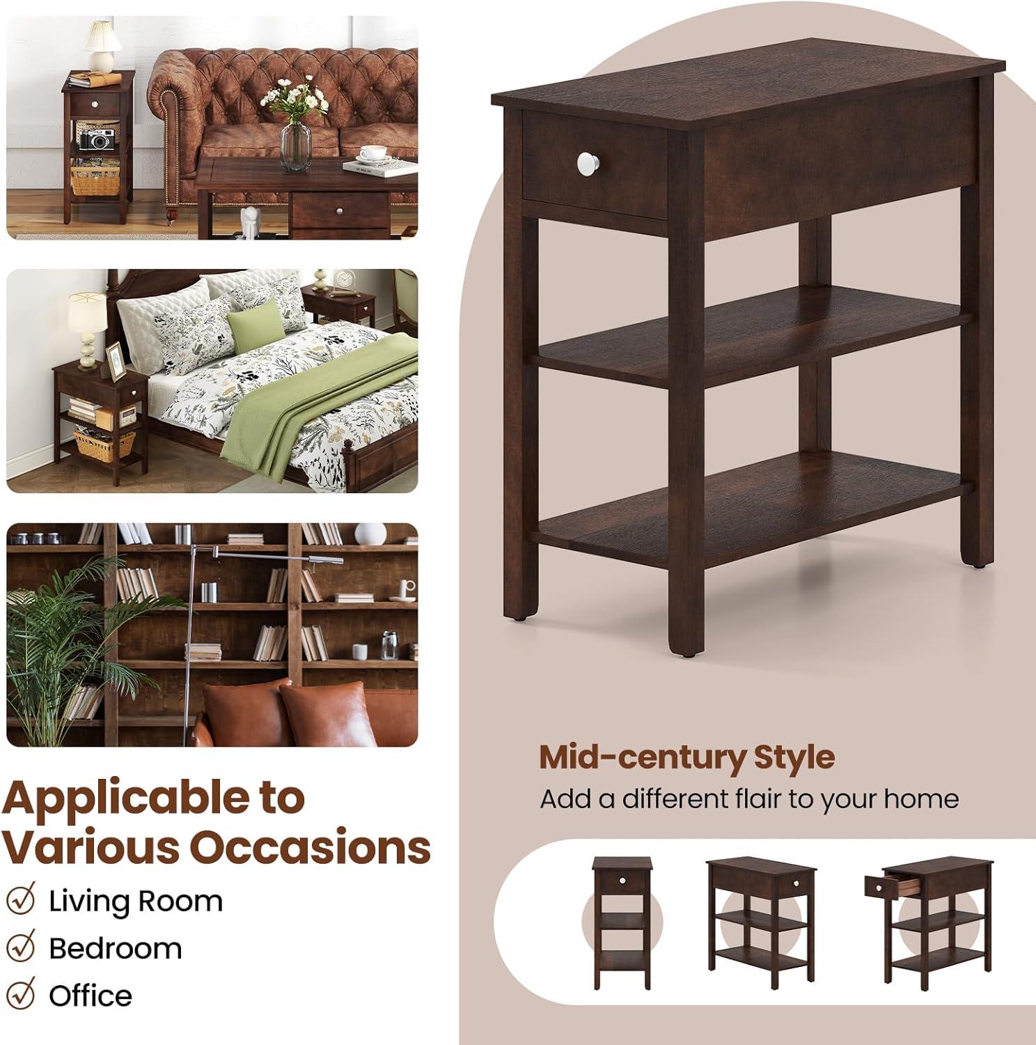 image:imageGiantex Narrow End Table Farmhouse Side Tables with Drawer amp Storage Shelves Wood Sofa Side Tables 3Tier Nightstands for Small Space Living Room Bedroom 235 L x 12 W x 245 H BrownWalnut