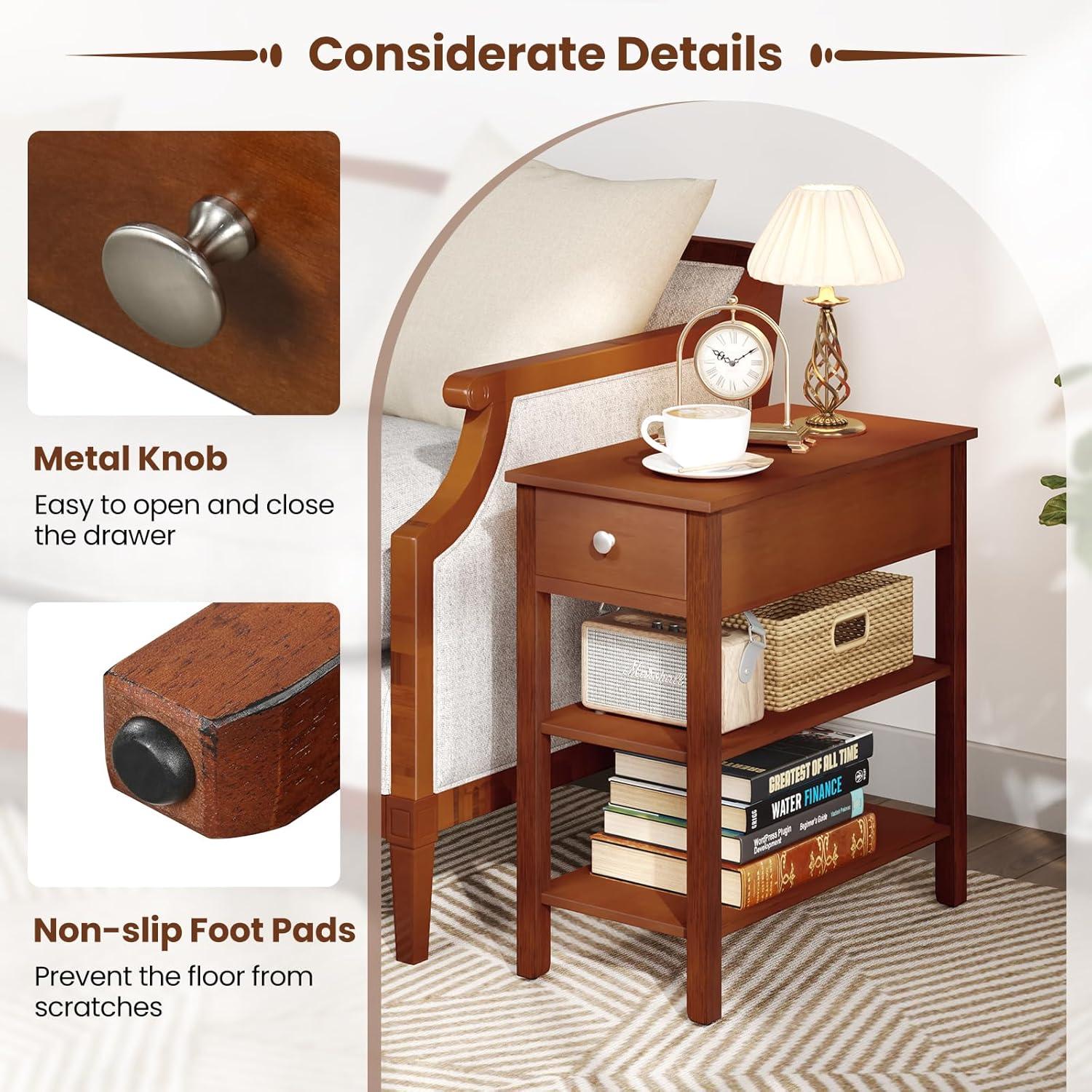 image:imageGiantex Narrow End Table Farmhouse Side Tables with Drawer amp Storage Shelves Wood Sofa Side Tables 3Tier Nightstands for Small Space Living Room Bedroom 235 L x 12 W x 245 H BrownBrown