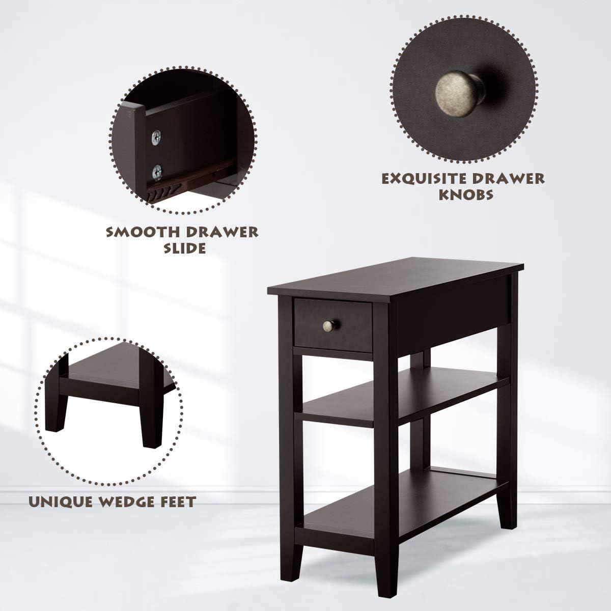 image:imageGiantex Narrow End Table Farmhouse Side Tables with Drawer amp Storage Shelves Wood Sofa Side Tables 3Tier Nightstands for Small Space Living Room Bedroom 235 L x 12 W x 245 H BrownEspresso