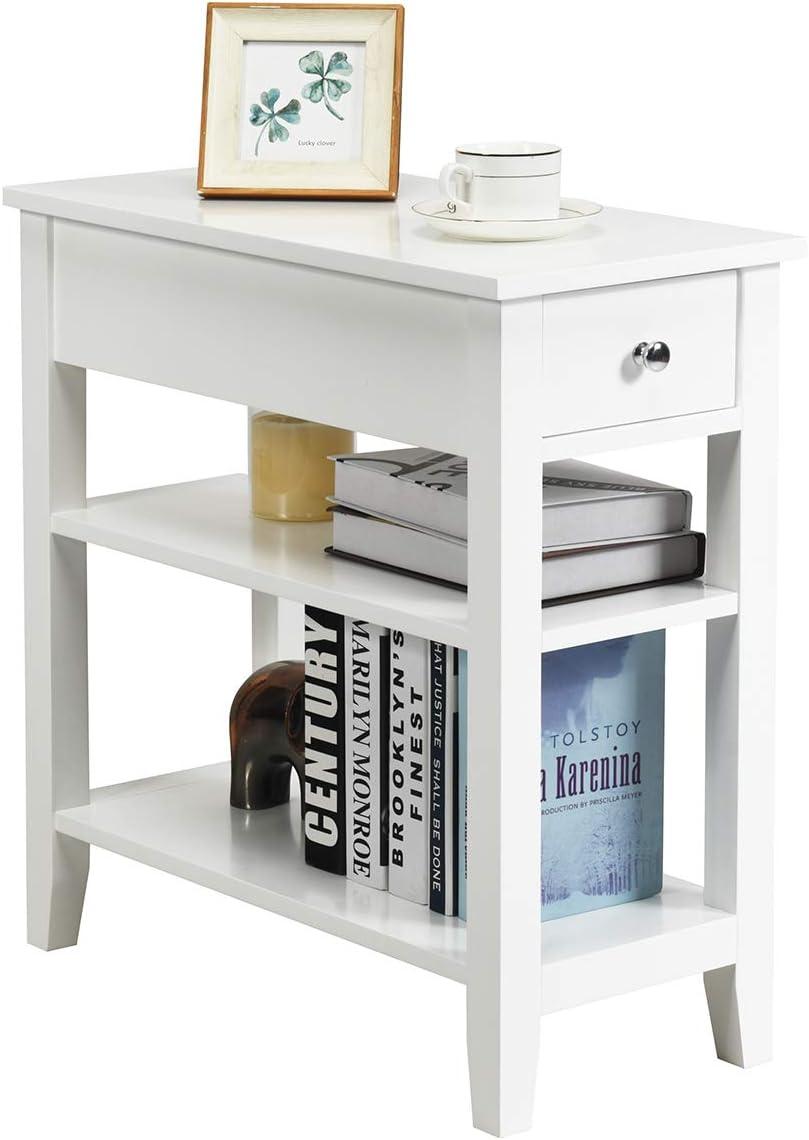 image:imageGiantex Narrow End Table Farmhouse Side Tables with Drawer amp Storage Shelves Wood Sofa Side Tables 3Tier Nightstands for Small Space Living Room Bedroom 235 L x 12 W x 245 H BrownWhite