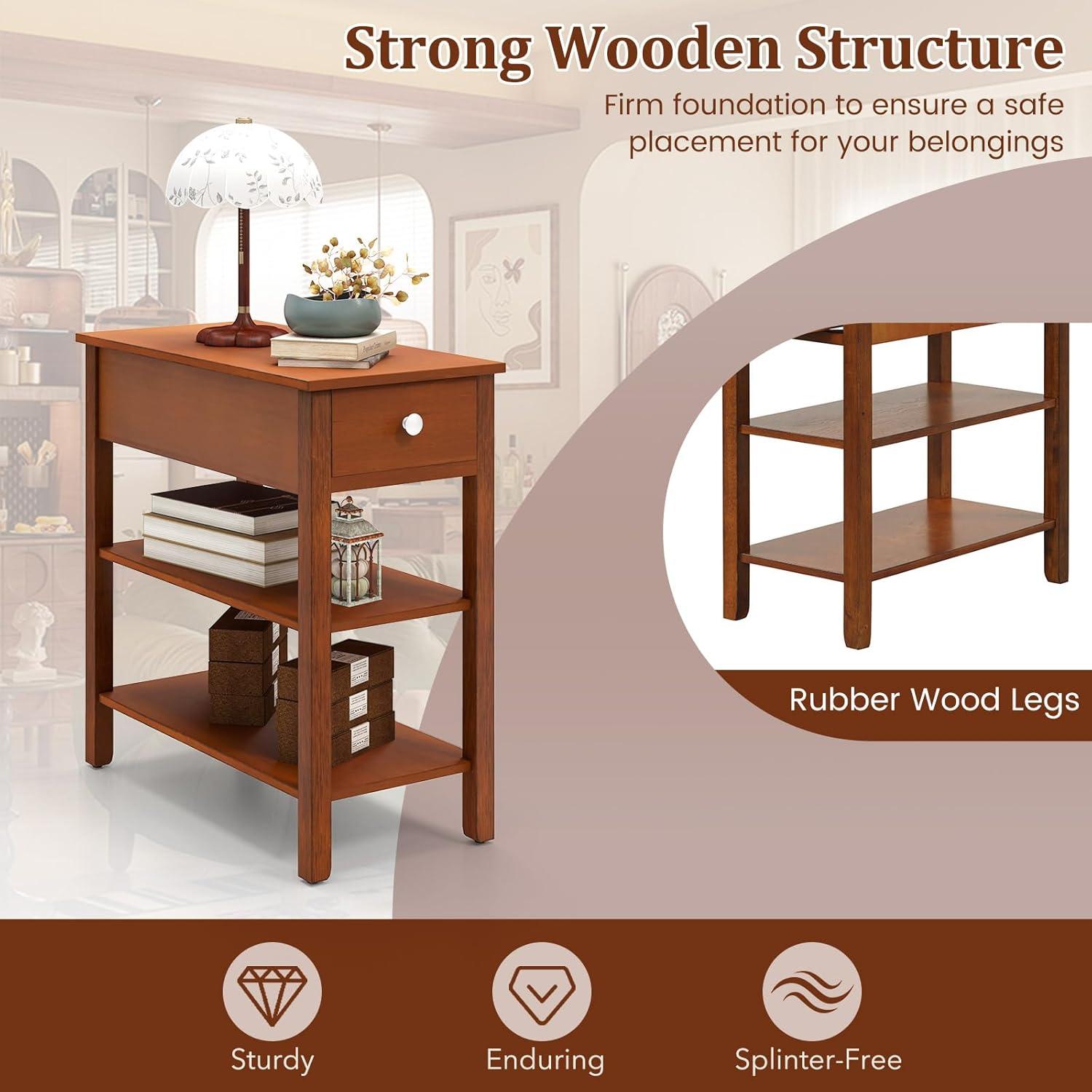 image:imageGiantex Narrow End Table Farmhouse Side Tables with Drawer amp Storage Shelves Wood Sofa Side Tables 3Tier Nightstands for Small Space Living Room Bedroom 235 L x 12 W x 245 H BrownBrown