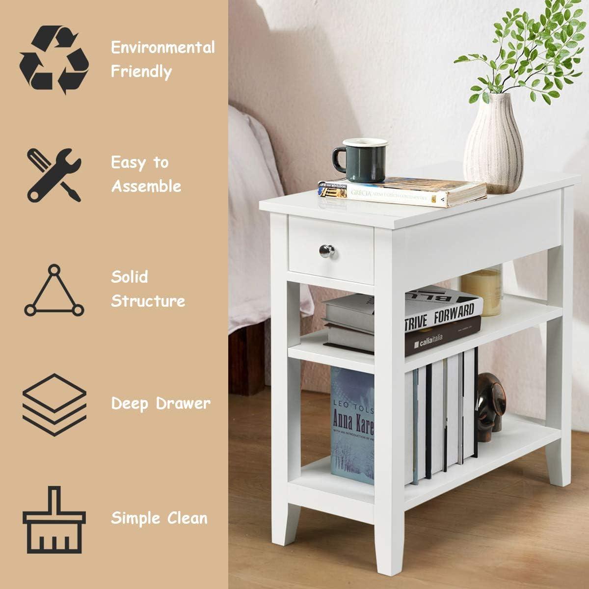 image:imageGiantex Narrow End Table Farmhouse Side Tables with Drawer amp Storage Shelves Wood Sofa Side Tables 3Tier Nightstands for Small Space Living Room Bedroom 235 L x 12 W x 245 H BrownWhite
