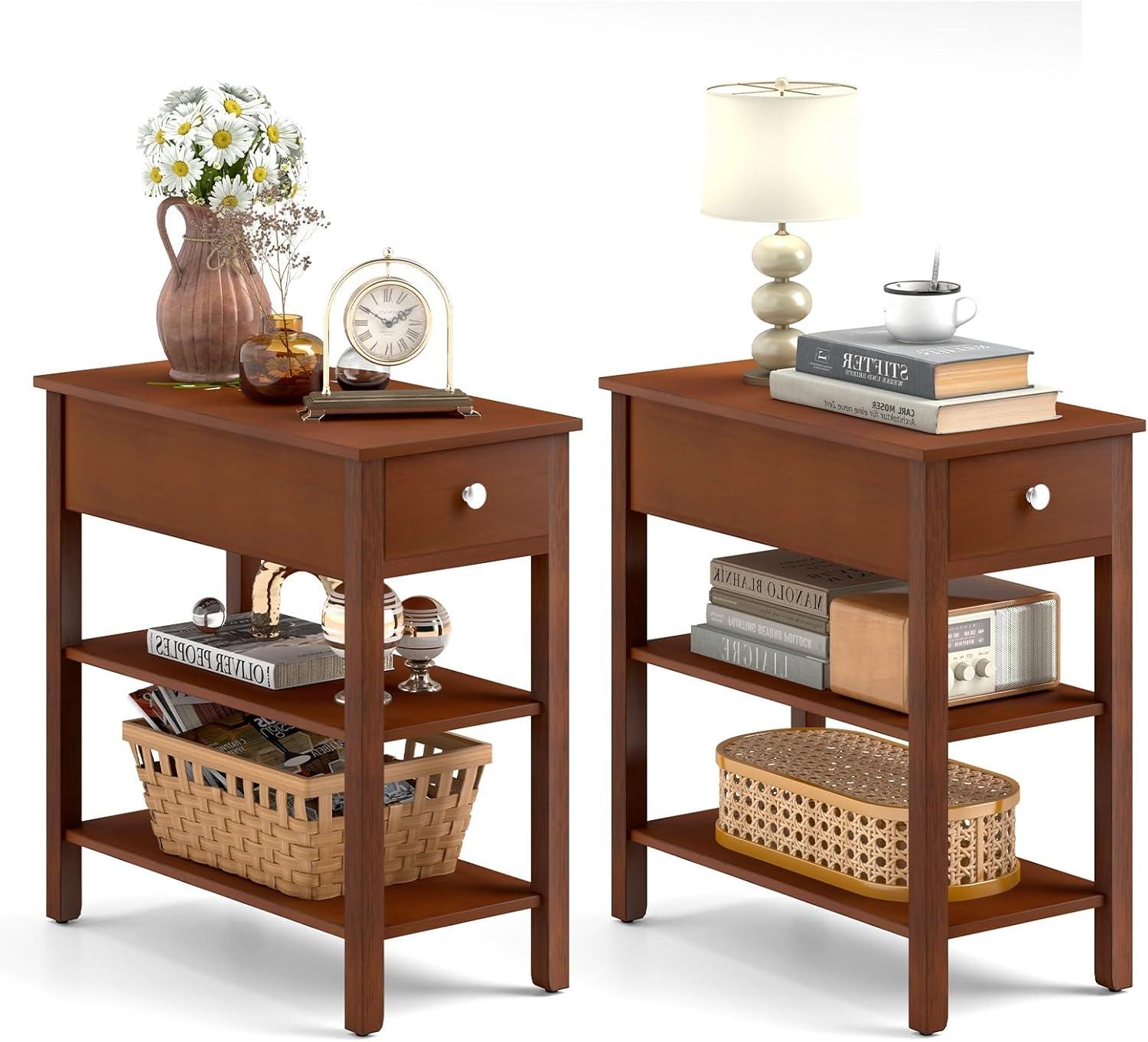 image:imageGiantex Narrow End Table Farmhouse Side Tables with Drawer amp Storage Shelves Wood Sofa Side Tables 3Tier Nightstands for Small Space Living Room Bedroom 235 L x 12 W x 245 H BrownBrown