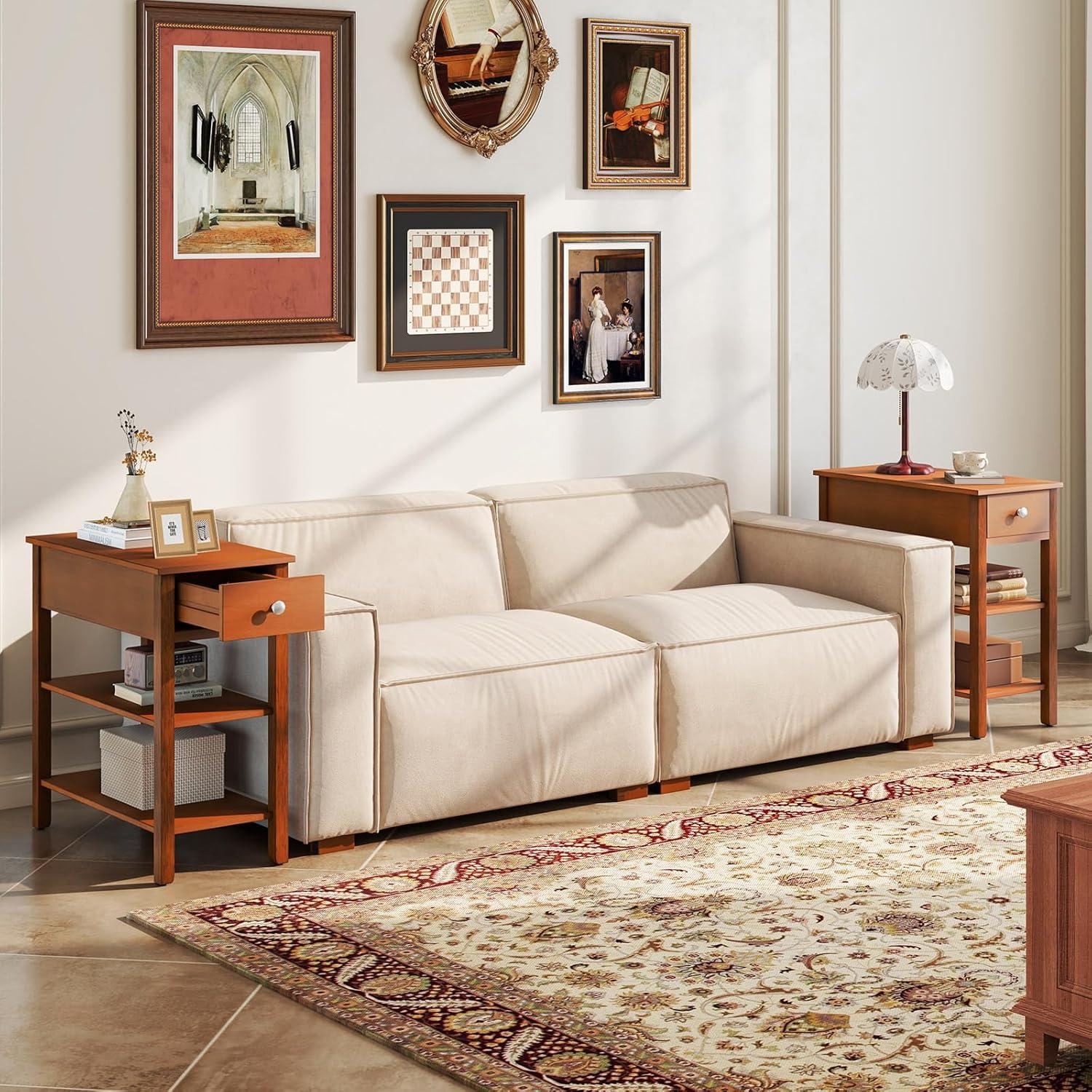 image:imageGiantex Narrow End Table Farmhouse Side Tables with Drawer amp Storage Shelves Wood Sofa Side Tables 3Tier Nightstands for Small Space Living Room Bedroom 235 L x 12 W x 245 H BrownBrown
