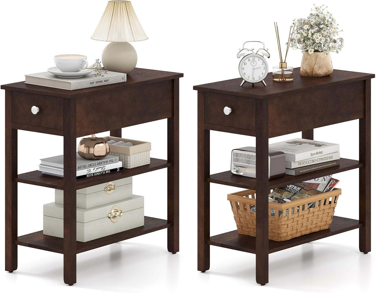 image:imageGiantex Narrow End Table Farmhouse Side Tables with Drawer amp Storage Shelves Wood Sofa Side Tables 3Tier Nightstands for Small Space Living Room Bedroom 235 L x 12 W x 245 H BrownWalnut