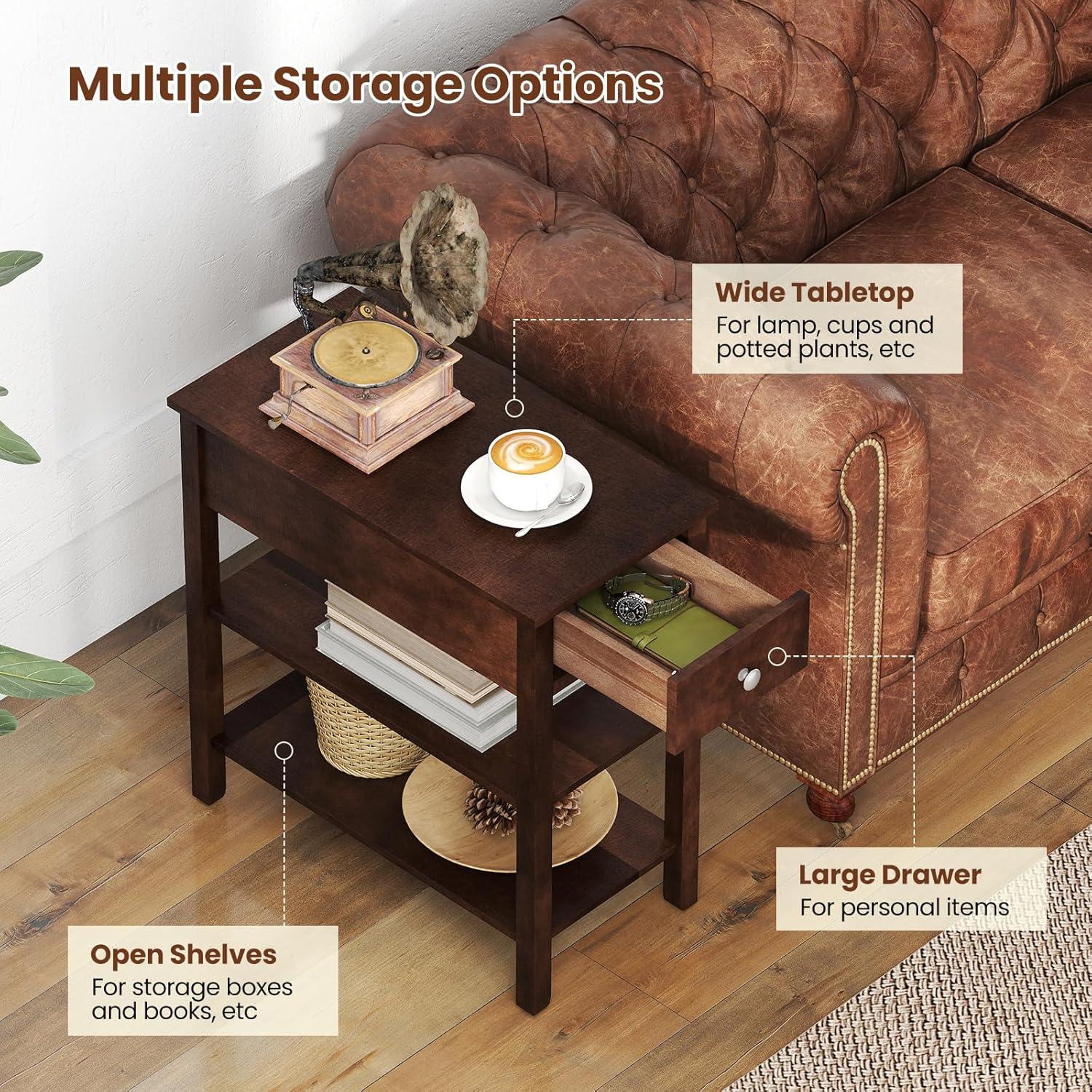 image:imageGiantex Narrow End Table Farmhouse Side Tables with Drawer amp Storage Shelves Wood Sofa Side Tables 3Tier Nightstands for Small Space Living Room Bedroom 235 L x 12 W x 245 H BrownWalnut