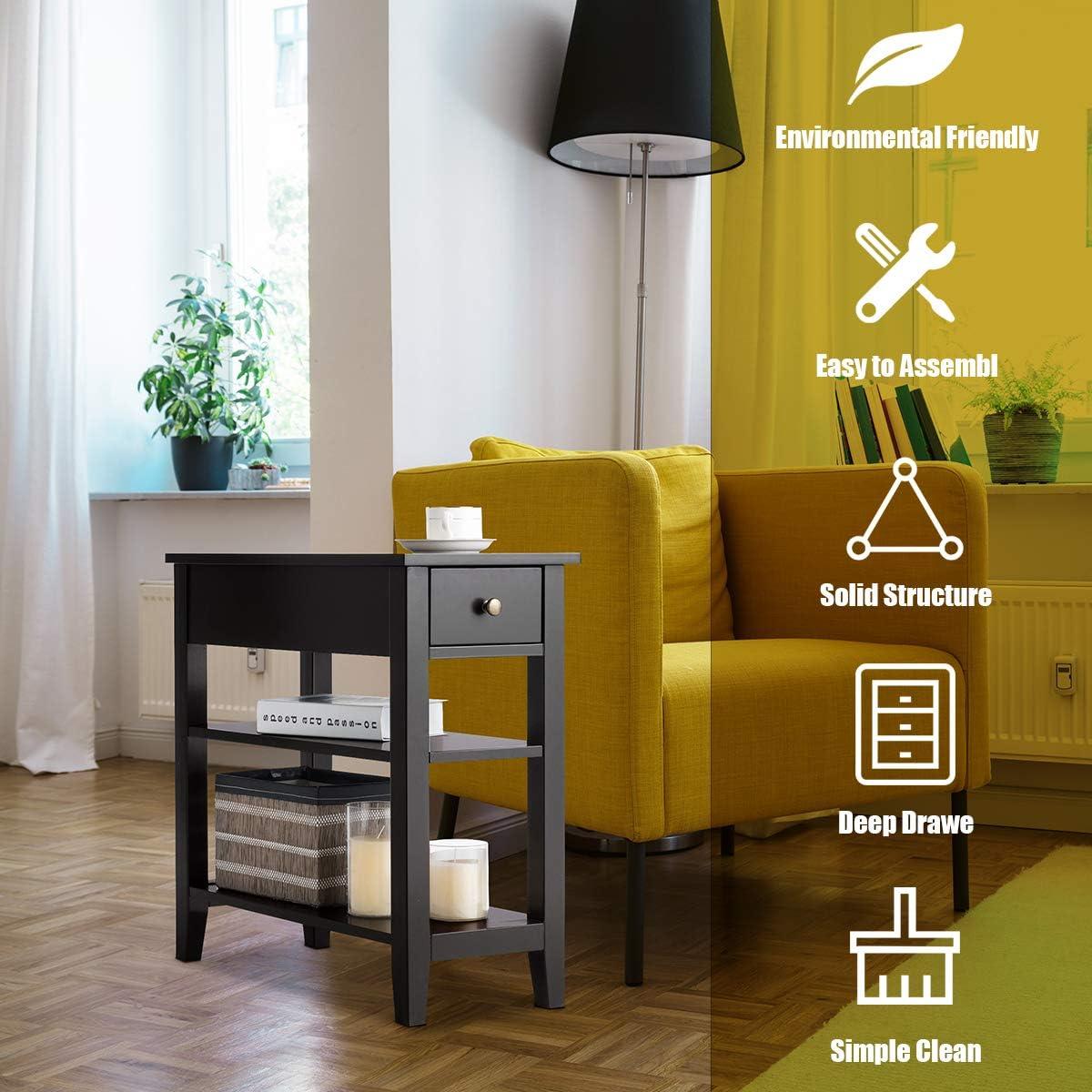 image:imageGiantex Narrow End Table Farmhouse Side Tables with Drawer amp Storage Shelves Wood Sofa Side Tables 3Tier Nightstands for Small Space Living Room Bedroom 235 L x 12 W x 245 H BrownBlack