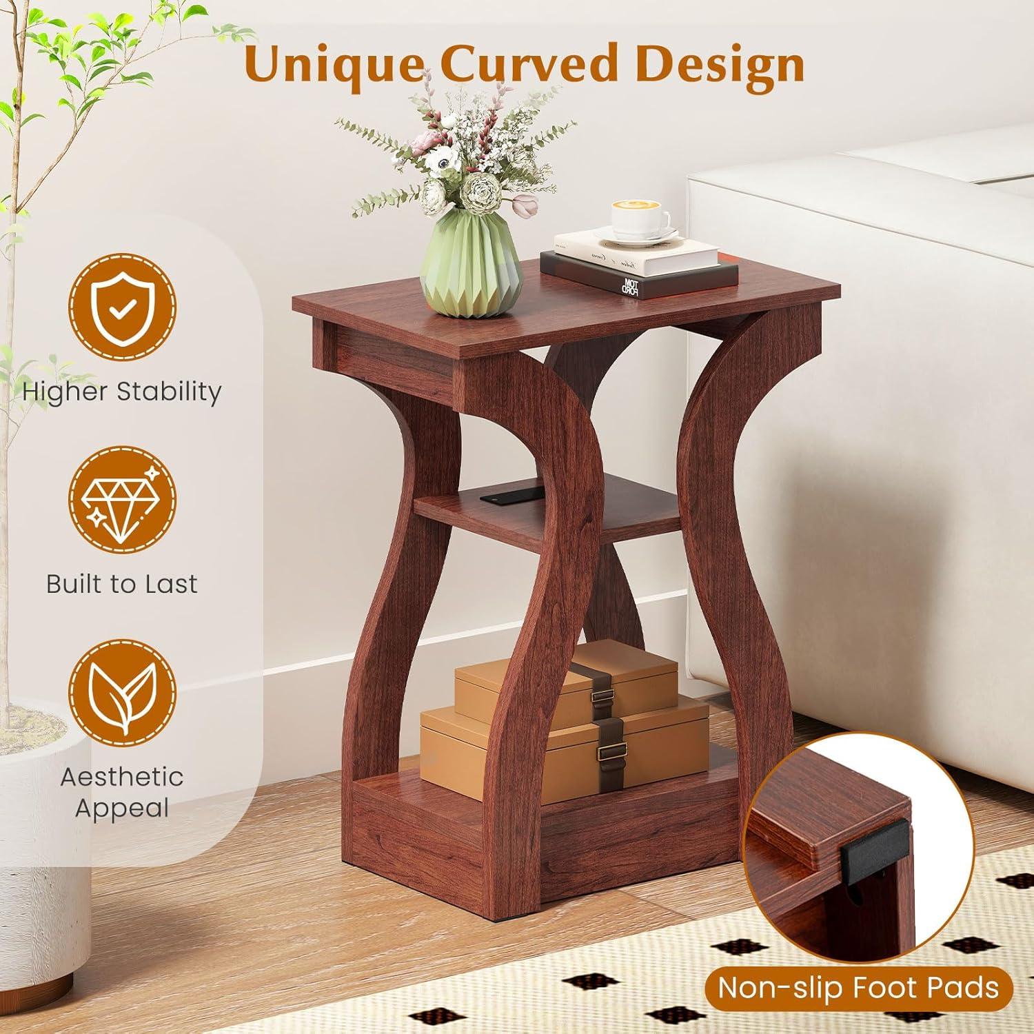 image:imageGiantex Narrow End Tables with Charging Station Set of 2 Wood Sofa Side Tables with Open Storage Shelves Bedside Tables with USB Ports amp Outlets Modern Nightstands for Living Room Bedroom BlackCherry