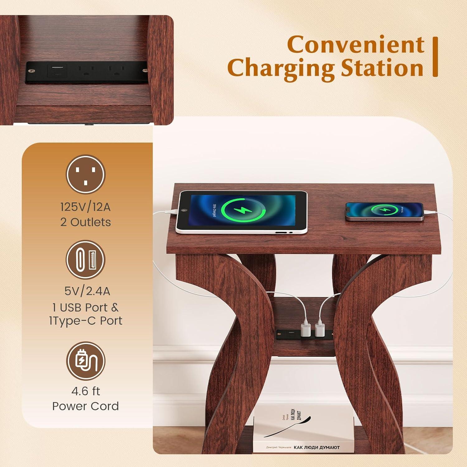 image:imageGiantex Narrow End Tables with Charging Station Set of 2 Wood Sofa Side Tables with Open Storage Shelves Bedside Tables with USB Ports amp Outlets Modern Nightstands for Living Room Bedroom BlackCherry