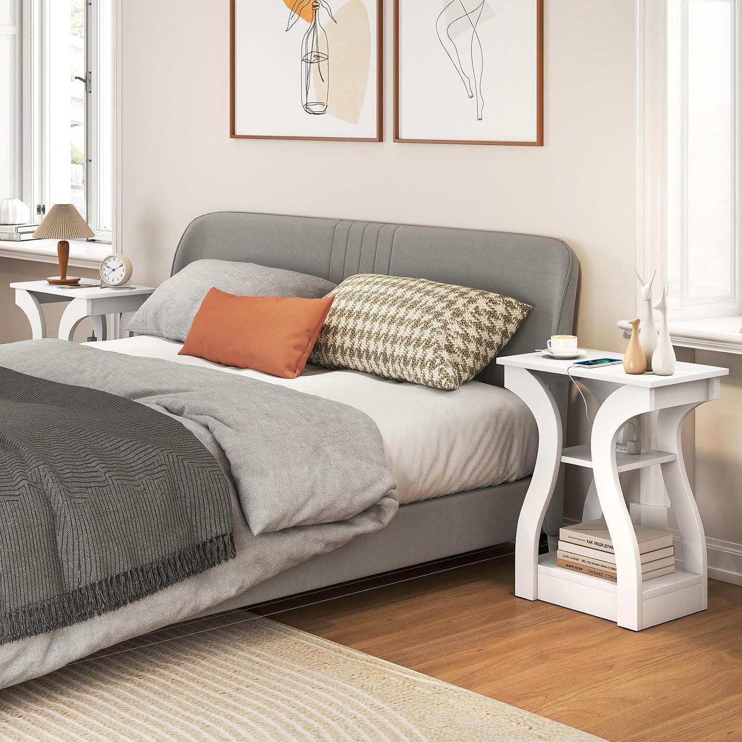 image:imageGiantex Narrow End Tables with Charging Station Set of 2 Wood Sofa Side Tables with Open Storage Shelves Bedside Tables with USB Ports amp Outlets Modern Nightstands for Living Room Bedroom BlackWhite
