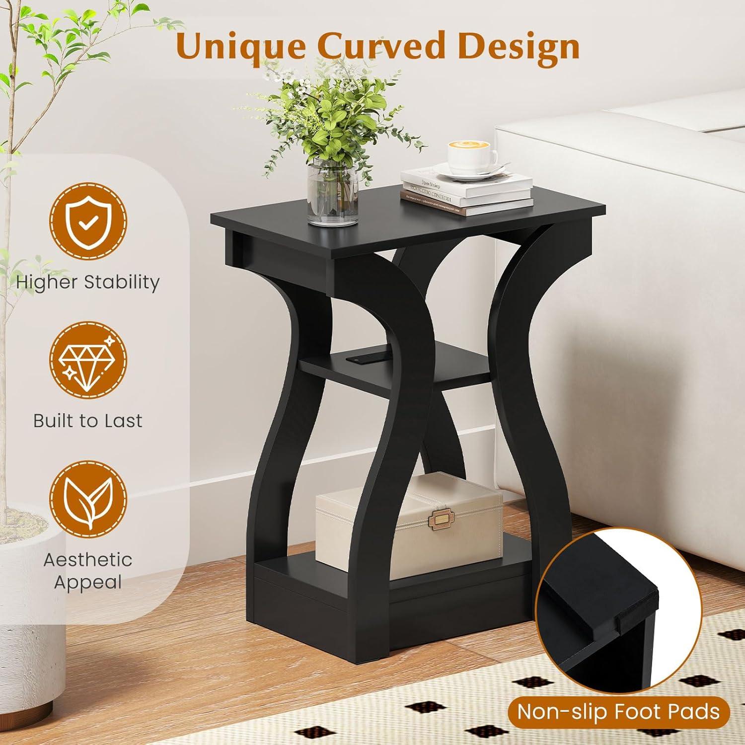 image:imageGiantex Narrow End Tables with Charging Station Set of 2 Wood Sofa Side Tables with Open Storage Shelves Bedside Tables with USB Ports amp Outlets Modern Nightstands for Living Room Bedroom BlackBlack