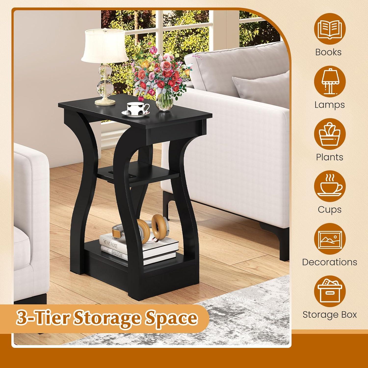 image:imageGiantex Narrow End Tables with Charging Station Set of 2 Wood Sofa Side Tables with Open Storage Shelves Bedside Tables with USB Ports amp Outlets Modern Nightstands for Living Room Bedroom BlackBlack