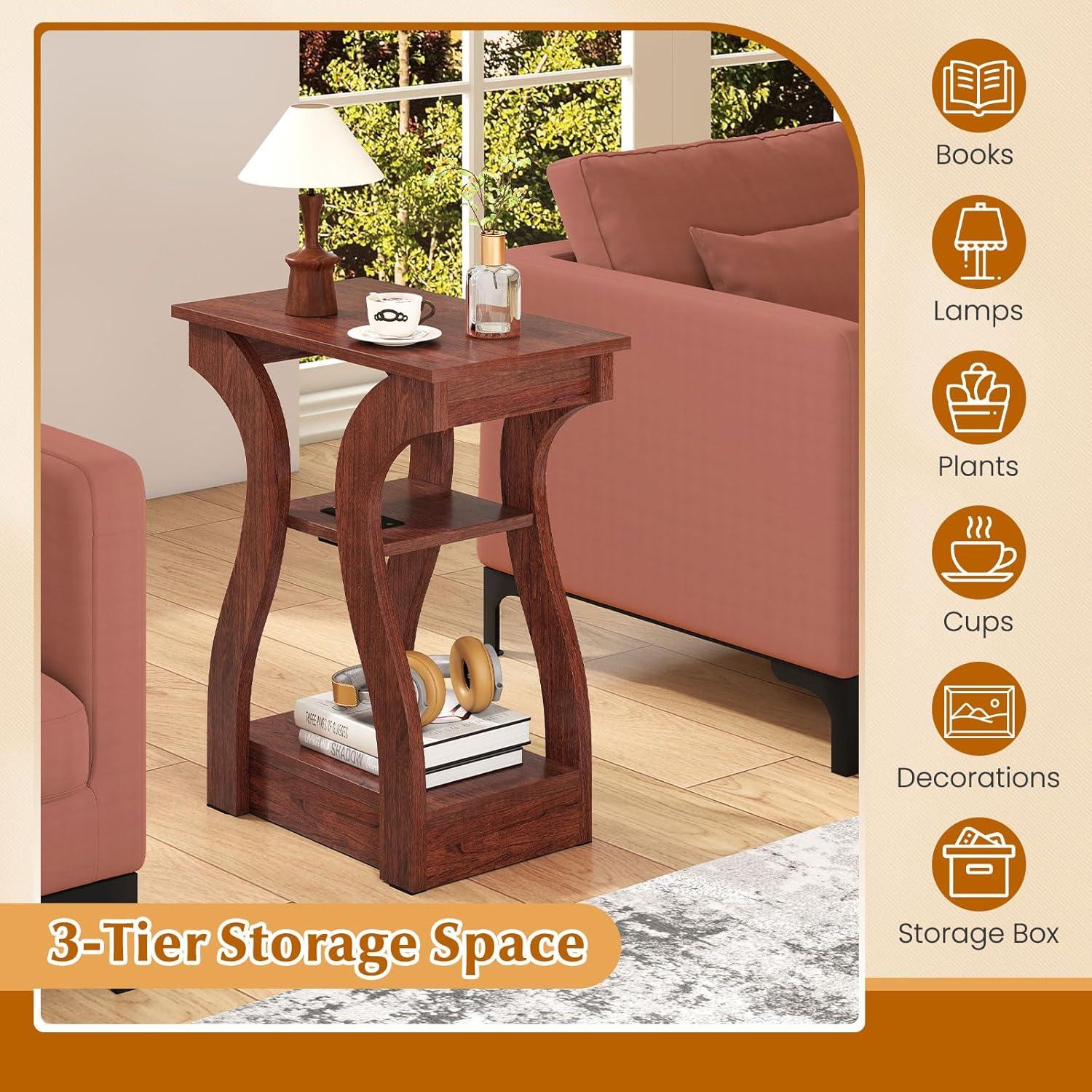 image:imageGiantex Narrow End Tables with Charging Station Set of 2 Wood Sofa Side Tables with Open Storage Shelves Bedside Tables with USB Ports amp Outlets Modern Nightstands for Living Room Bedroom BlackCherry