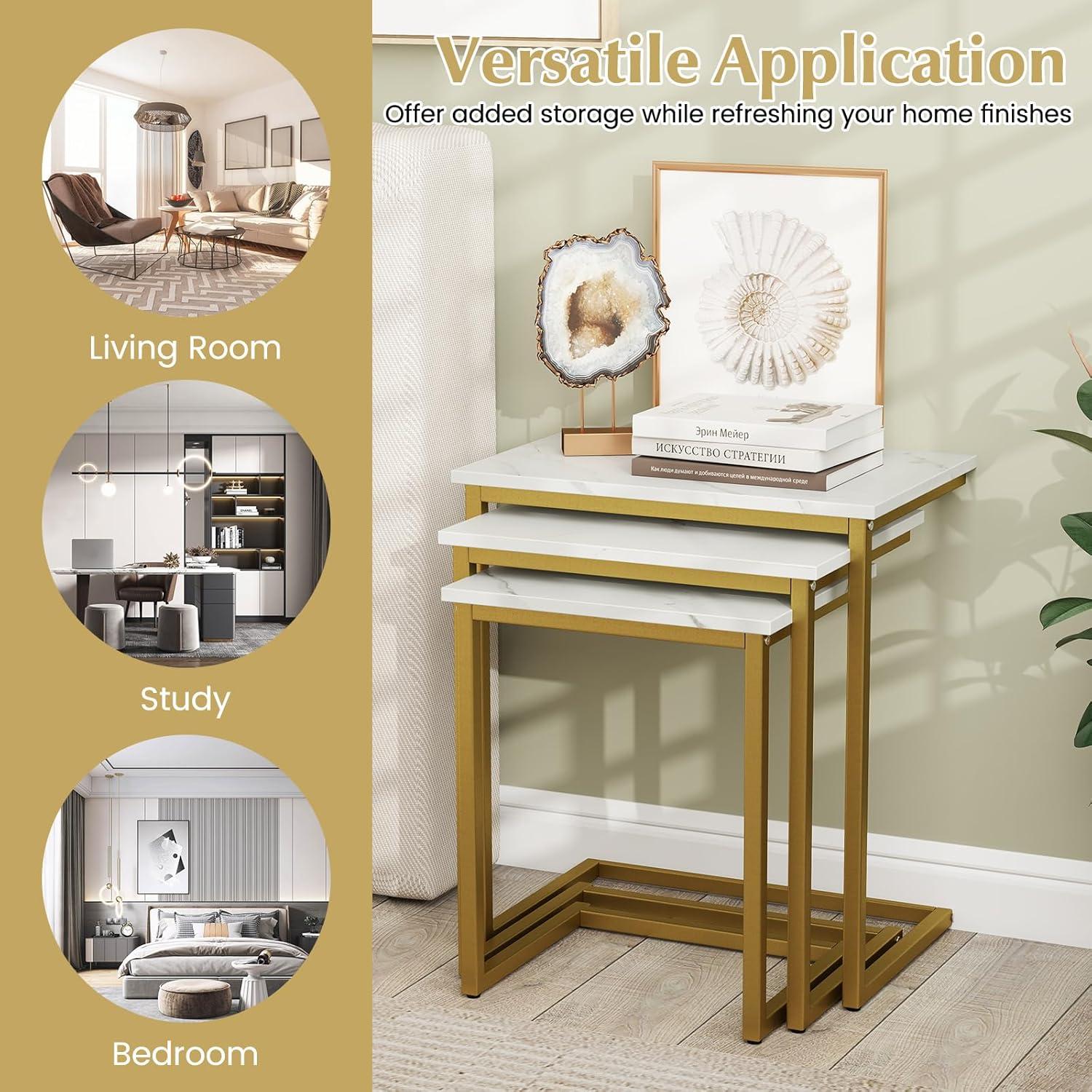 image:imageGiantex Nesting Coffee Table Set of 3 Stackable Square End Table wWood Grain Tabletop amp HeavyDuty Metal Frame Farmhouse CShaped Accent Table for Small Space Living Room Bedroom Black OakWhite Gold