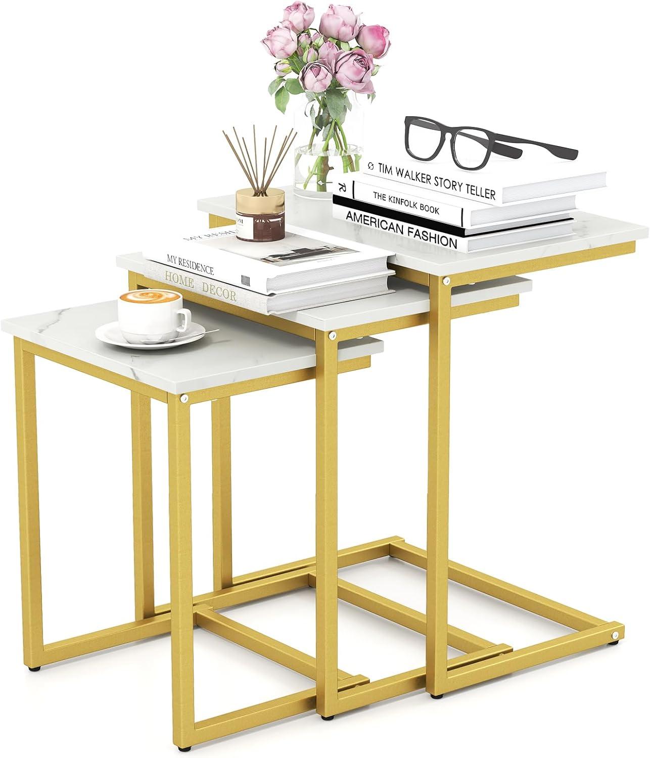 image:imageGiantex Nesting Coffee Table Set of 3 Stackable Square End Table wWood Grain Tabletop amp HeavyDuty Metal Frame Farmhouse CShaped Accent Table for Small Space Living Room Bedroom Black OakWhite Gold