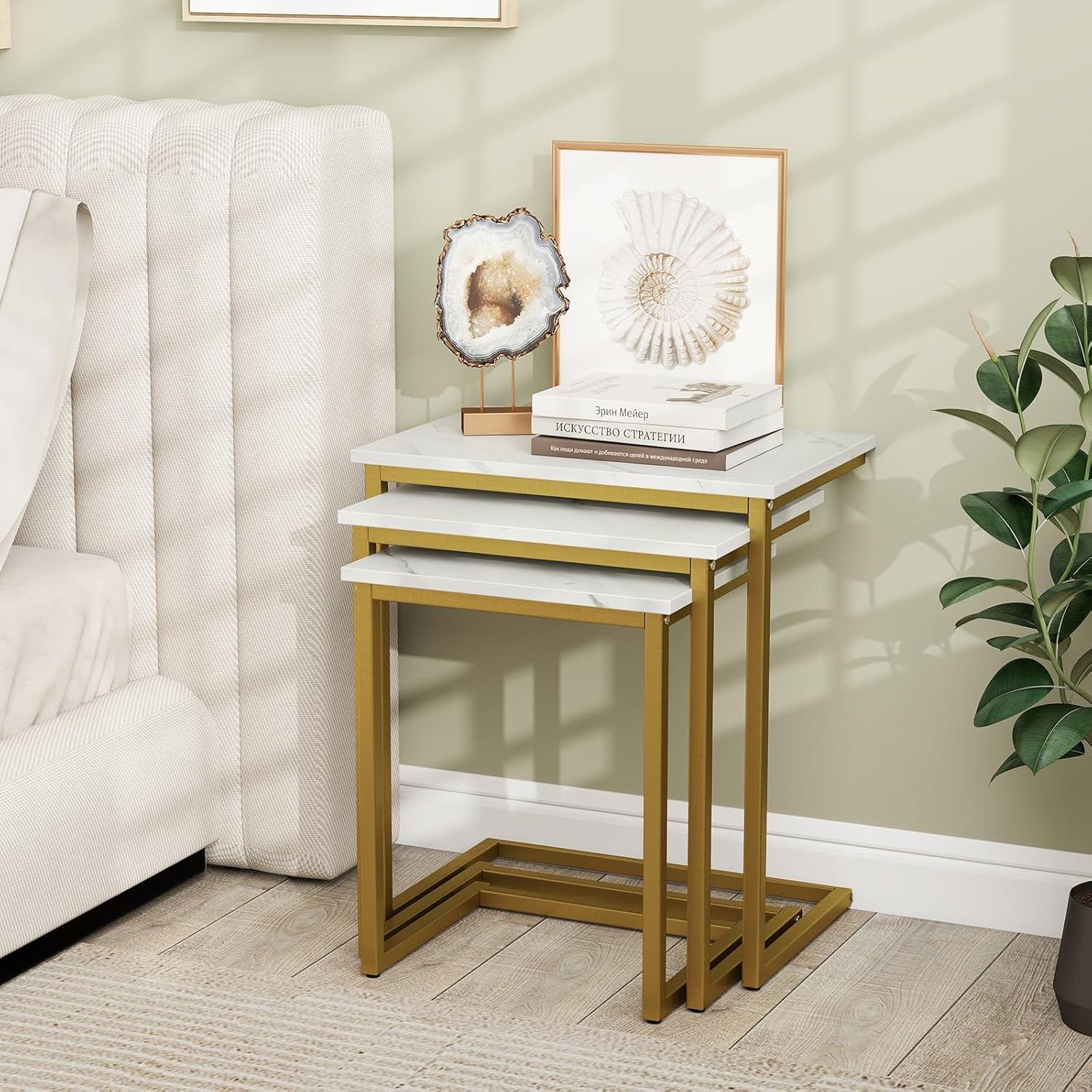 image:imageGiantex Nesting Coffee Table Set of 3 Stackable Square End Table wWood Grain Tabletop amp HeavyDuty Metal Frame Farmhouse CShaped Accent Table for Small Space Living Room Bedroom Black OakWhite Gold