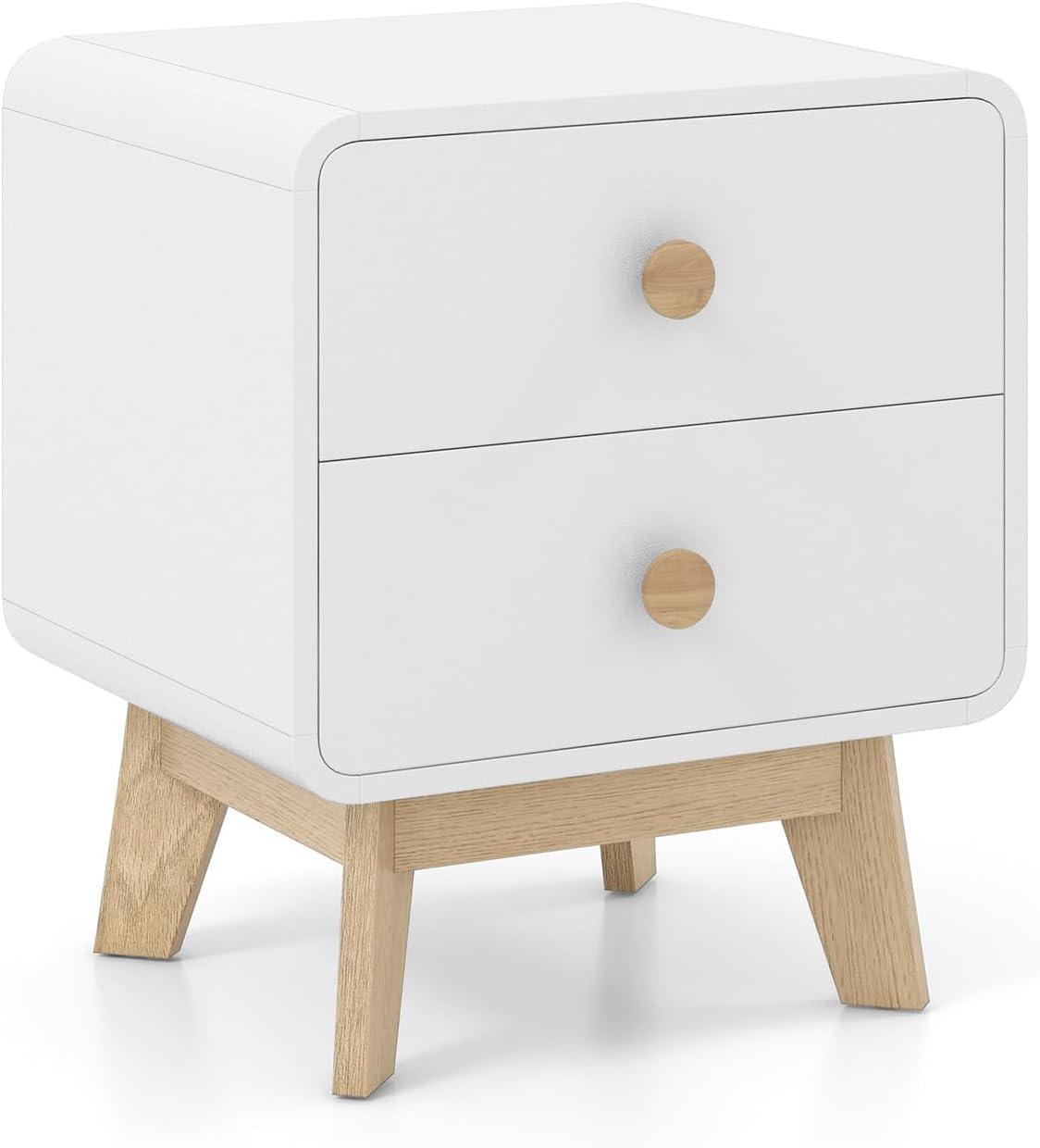 image:imageGiantex Night Stand with 2 Drawers Mid Century Modern Bedside Table with Cute Round Knobs Wooden Side End Table with Solid Rubber Wood Legs Small Nightstand for Kids Bedroom Dorms White