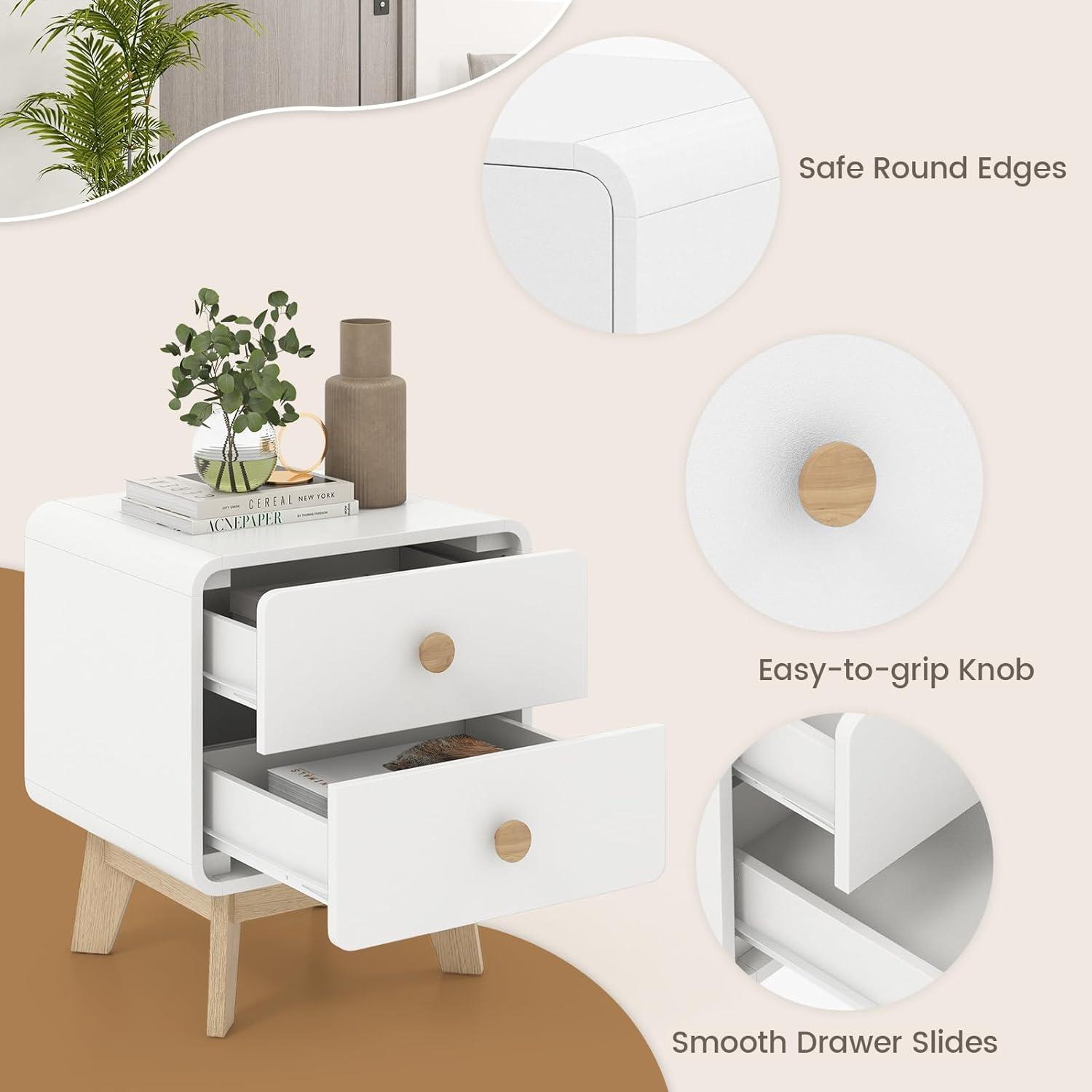 image:imageGiantex Night Stand with 2 Drawers Mid Century Modern Bedside Table with Cute Round Knobs Wooden Side End Table with Solid Rubber Wood Legs Small Nightstand for Kids Bedroom Dorms White