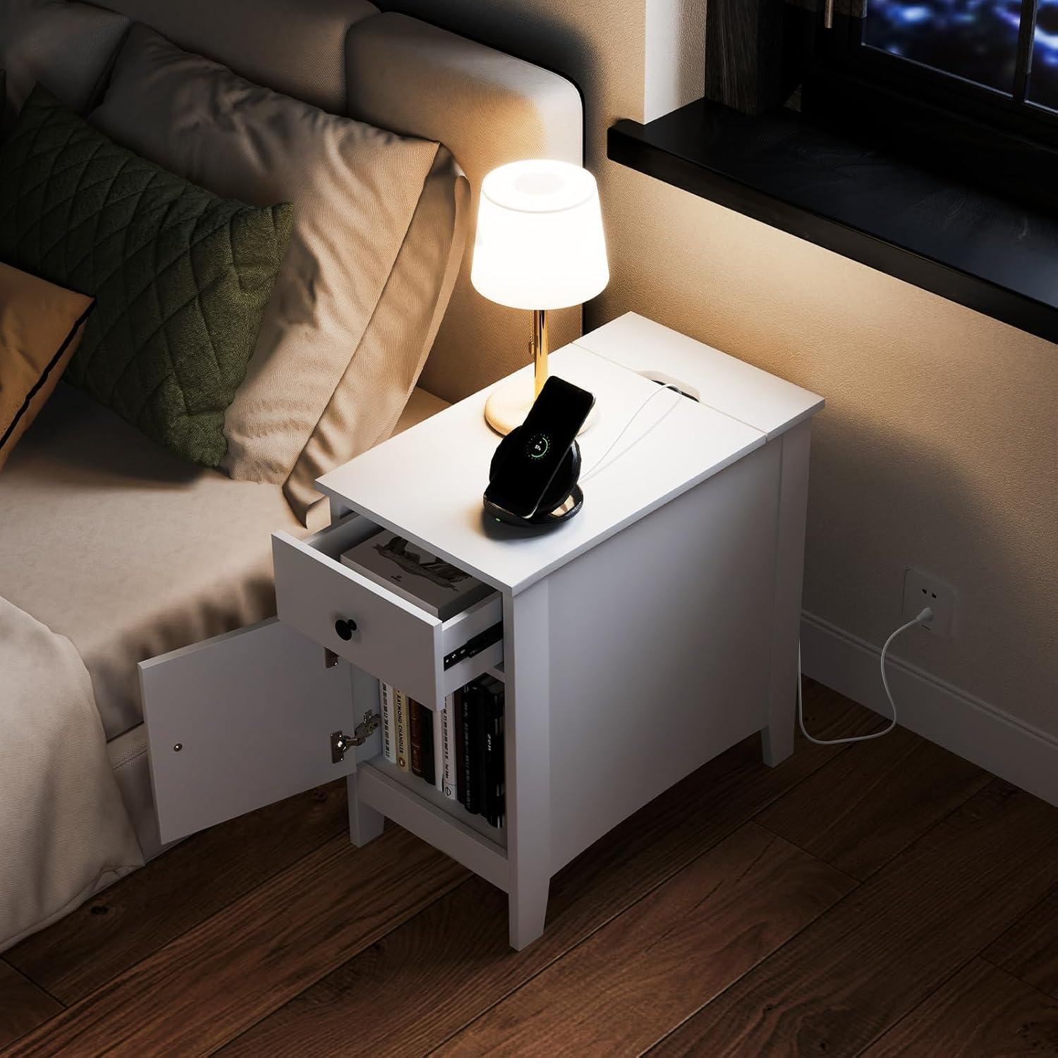 image:imageGiantex Night Stand with Charging Station Flip Top End Side Table wUSB Ports amp Outlets Modern Bedside Table wStorage Drawer Cabinet Magazine Rack Narrow Wood Nightstand for Bedroom 1 OakWhite