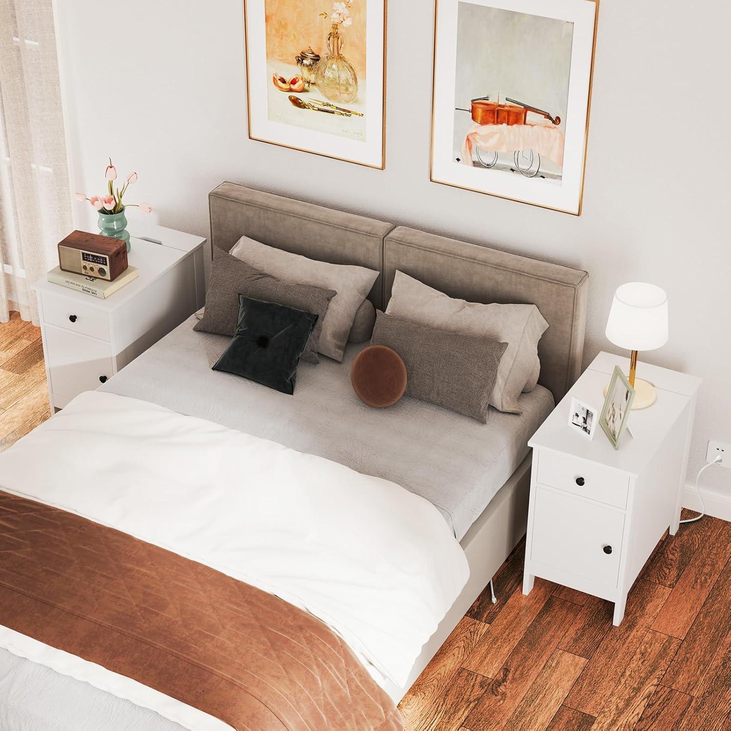image:imageGiantex Night Stand with Charging Station Flip Top End Side Table wUSB Ports amp Outlets Modern Bedside Table wStorage Drawer Cabinet Magazine Rack Narrow Wood Nightstand for Bedroom 1 OakWhite