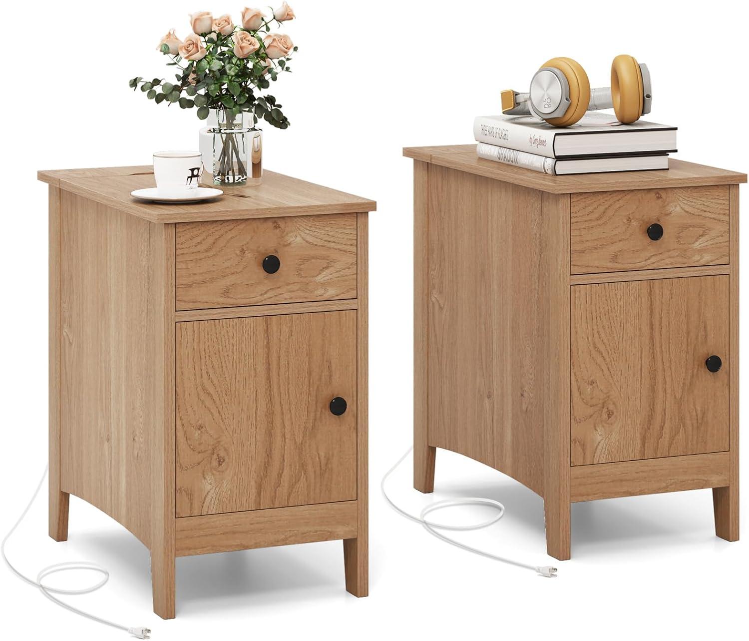image:imageGiantex Night Stand with Charging Station Flip Top End Side Table wUSB Ports amp Outlets Modern Bedside Table wStorage Drawer Cabinet Magazine Rack Narrow Wood Nightstand for Bedroom 1 OakOak