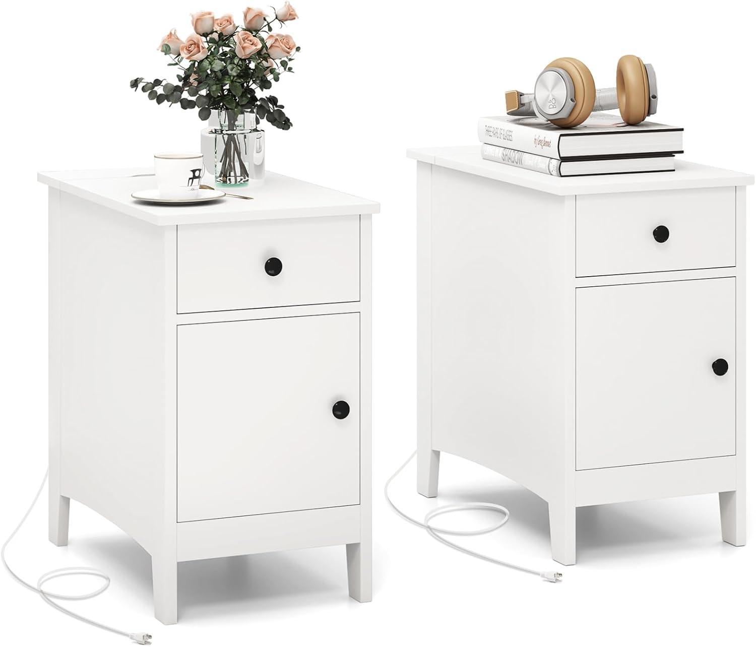image:imageGiantex Night Stand with Charging Station Flip Top End Side Table wUSB Ports amp Outlets Modern Bedside Table wStorage Drawer Cabinet Magazine Rack Narrow Wood Nightstand for Bedroom 1 OakWhite