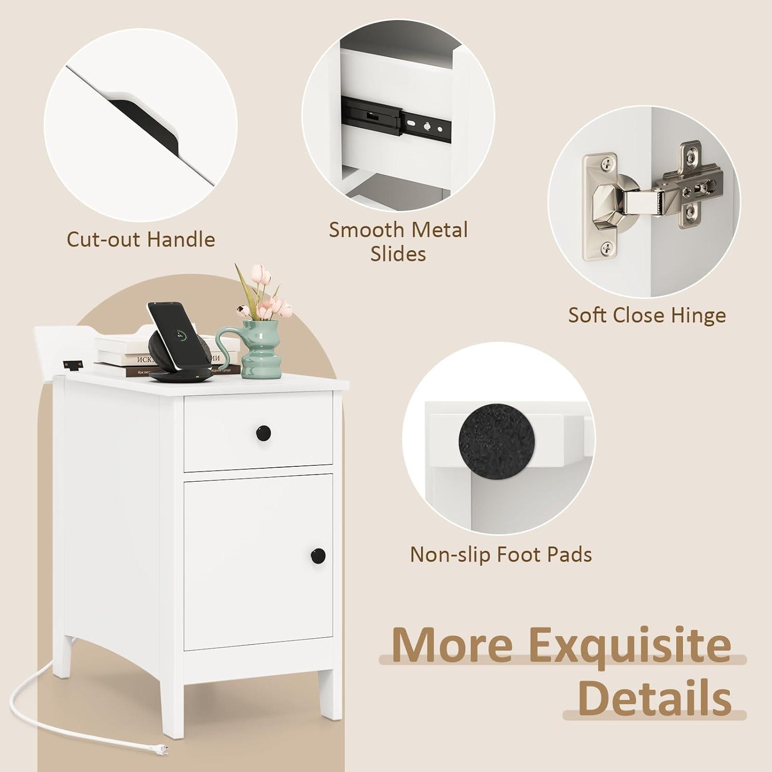 image:imageGiantex Night Stand with Charging Station Flip Top End Side Table wUSB Ports amp Outlets Modern Bedside Table wStorage Drawer Cabinet Magazine Rack Narrow Wood Nightstand for Bedroom 1 OakWhite