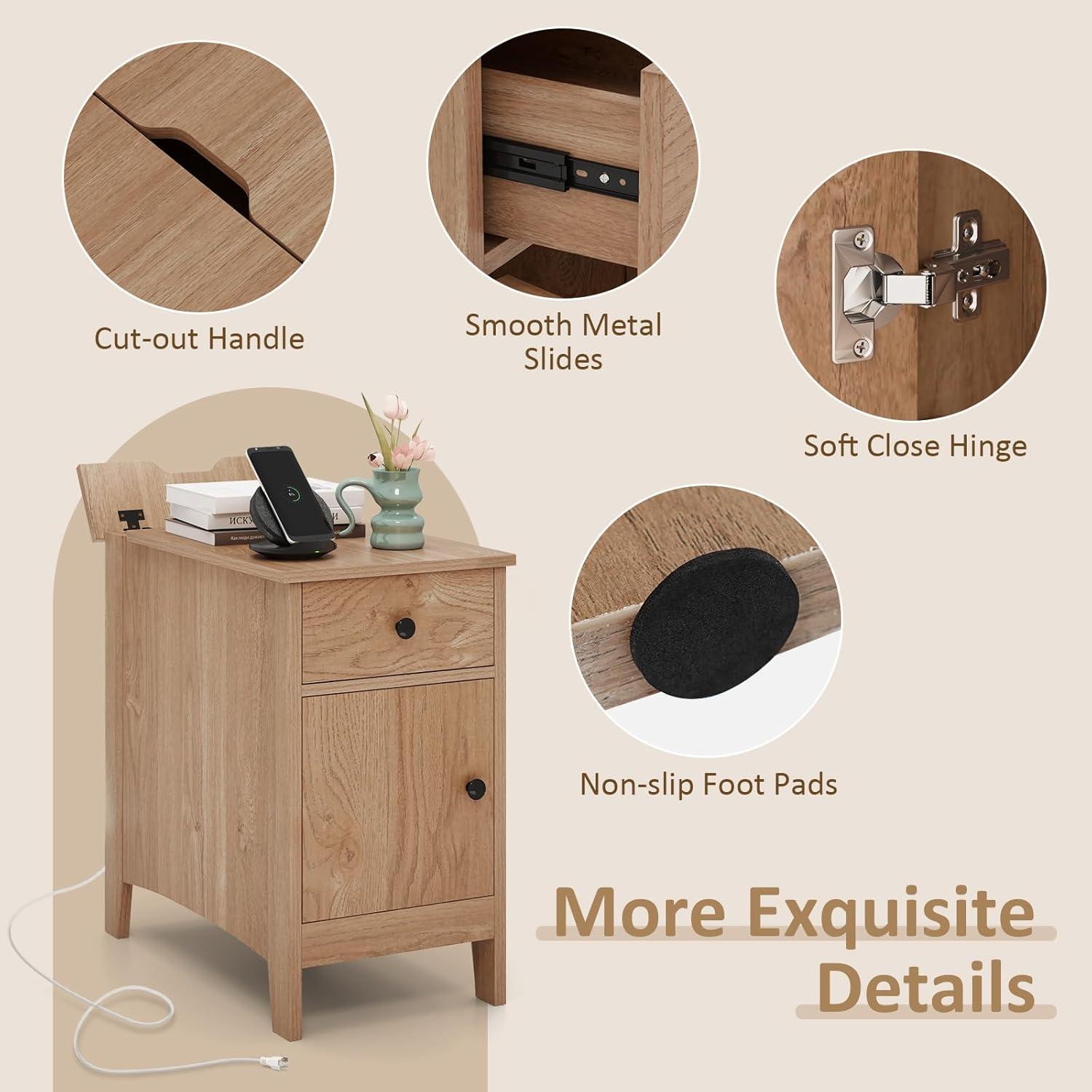 image:imageGiantex Night Stand with Charging Station Flip Top End Side Table wUSB Ports amp Outlets Modern Bedside Table wStorage Drawer Cabinet Magazine Rack Narrow Wood Nightstand for Bedroom 1 OakOak