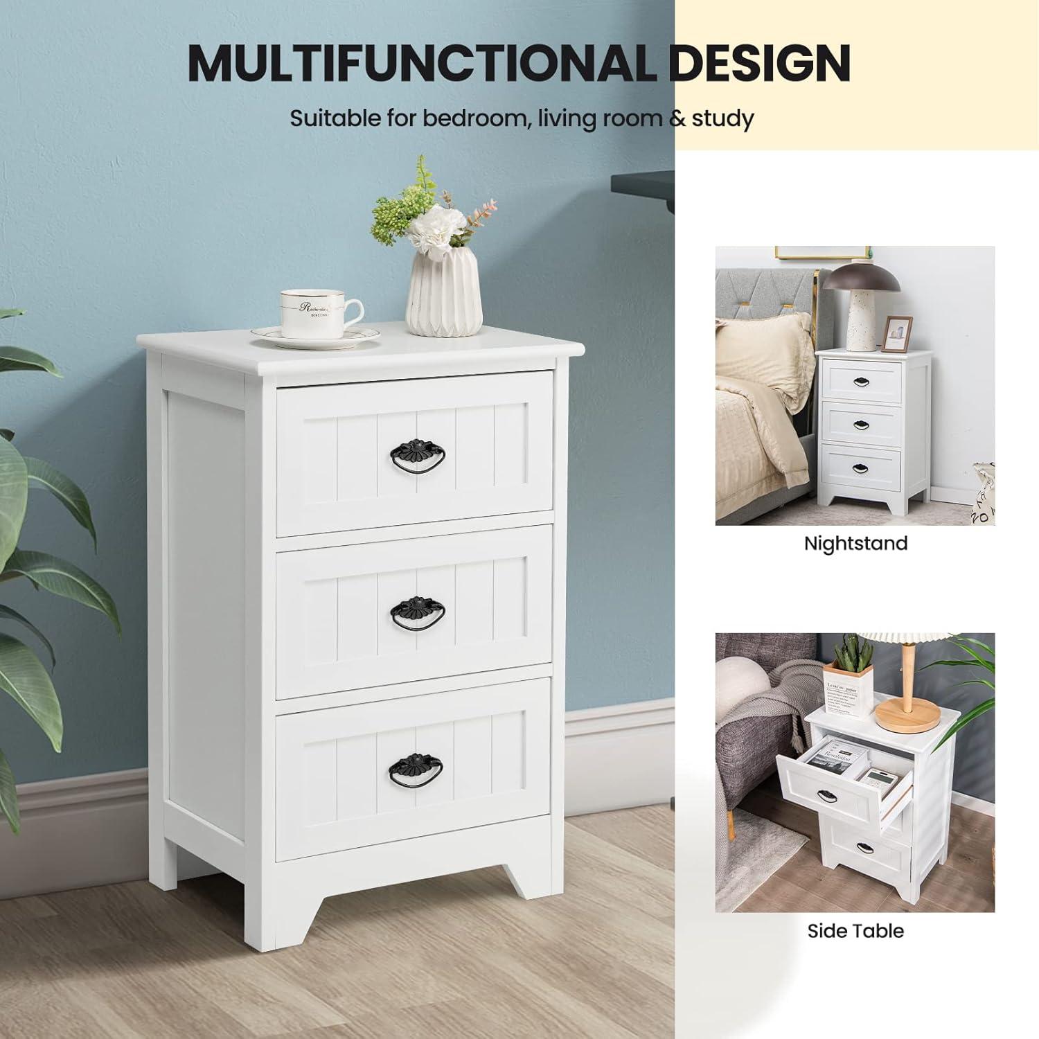image:imageGiantex Nightstand with 3 Drawers Bedside Table with Exquisite Metal Handles Accent Table Sofa Side Table with Antitoppling Device for Bedroom Study BlackWhite