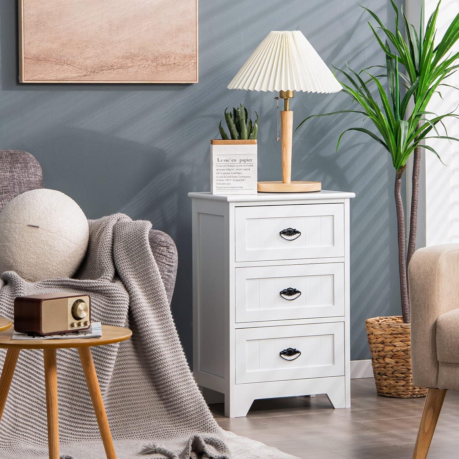 image:imageGiantex Nightstand with 3 Drawers Bedside Table with Exquisite Metal Handles Accent Table Sofa Side Table with Antitoppling Device for Bedroom Study BlackWhite