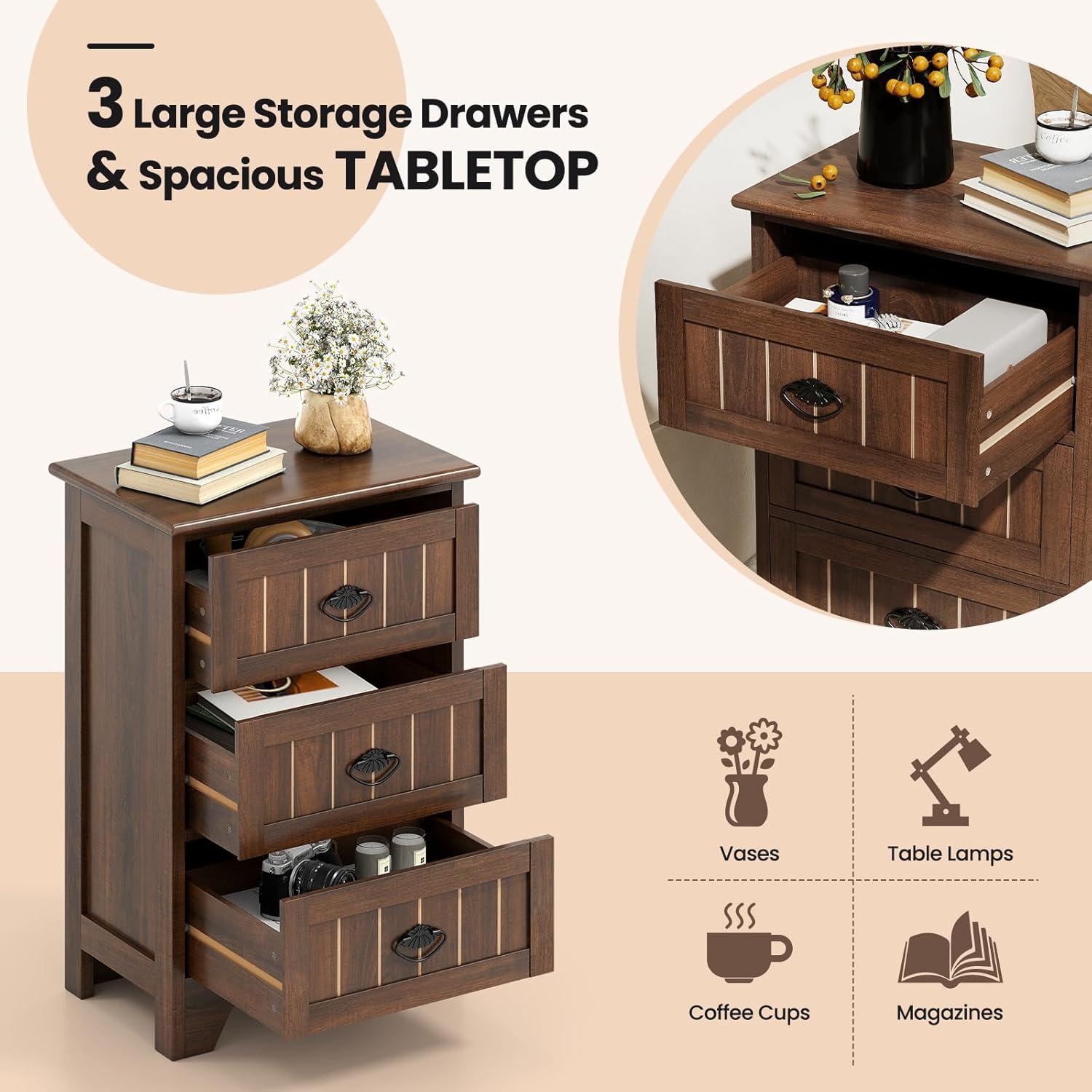 image:imageGiantex Nightstand with 3 Drawers Bedside Table with Exquisite Metal Handles Accent Table Sofa Side Table with Antitoppling Device for Bedroom Study BlackWalnut