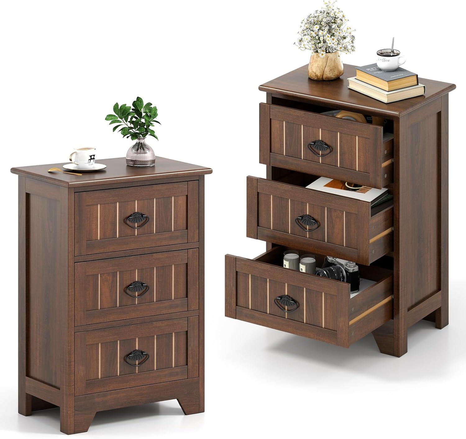 image:imageGiantex Nightstand with 3 Drawers Bedside Table with Exquisite Metal Handles Accent Table Sofa Side Table with Antitoppling Device for Bedroom Study BlackWalnut