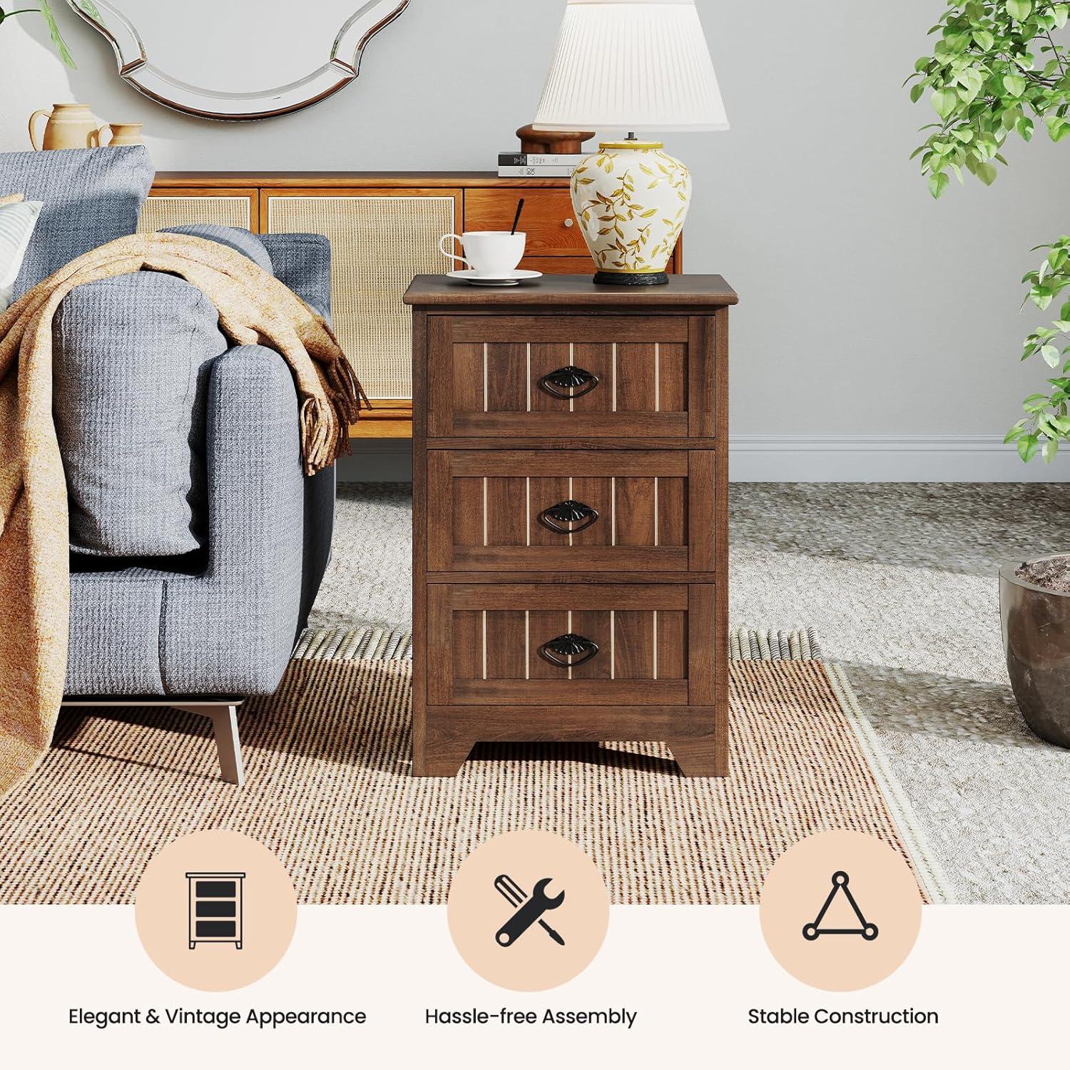 image:imageGiantex Nightstand with 3 Drawers Bedside Table with Exquisite Metal Handles Accent Table Sofa Side Table with Antitoppling Device for Bedroom Study BlackWalnut