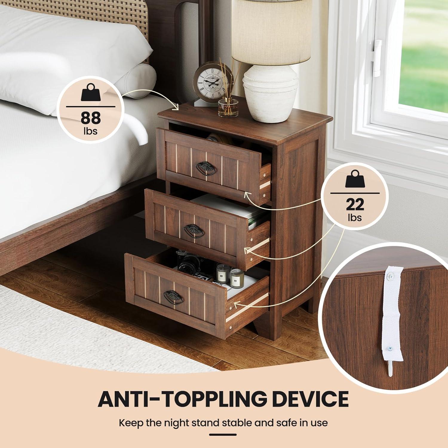 image:imageGiantex Nightstand with 3 Drawers Bedside Table with Exquisite Metal Handles Accent Table Sofa Side Table with Antitoppling Device for Bedroom Study BlackWalnut