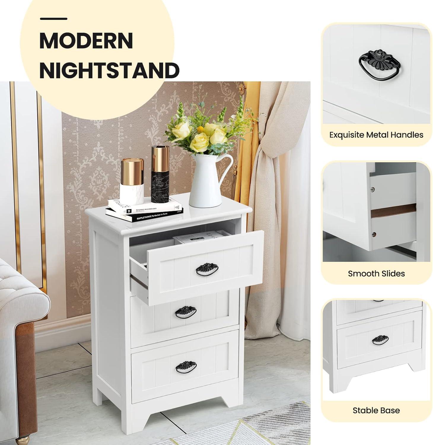 image:imageGiantex Nightstand with 3 Drawers Bedside Table with Exquisite Metal Handles Accent Table Sofa Side Table with Antitoppling Device for Bedroom Study BlackWhite